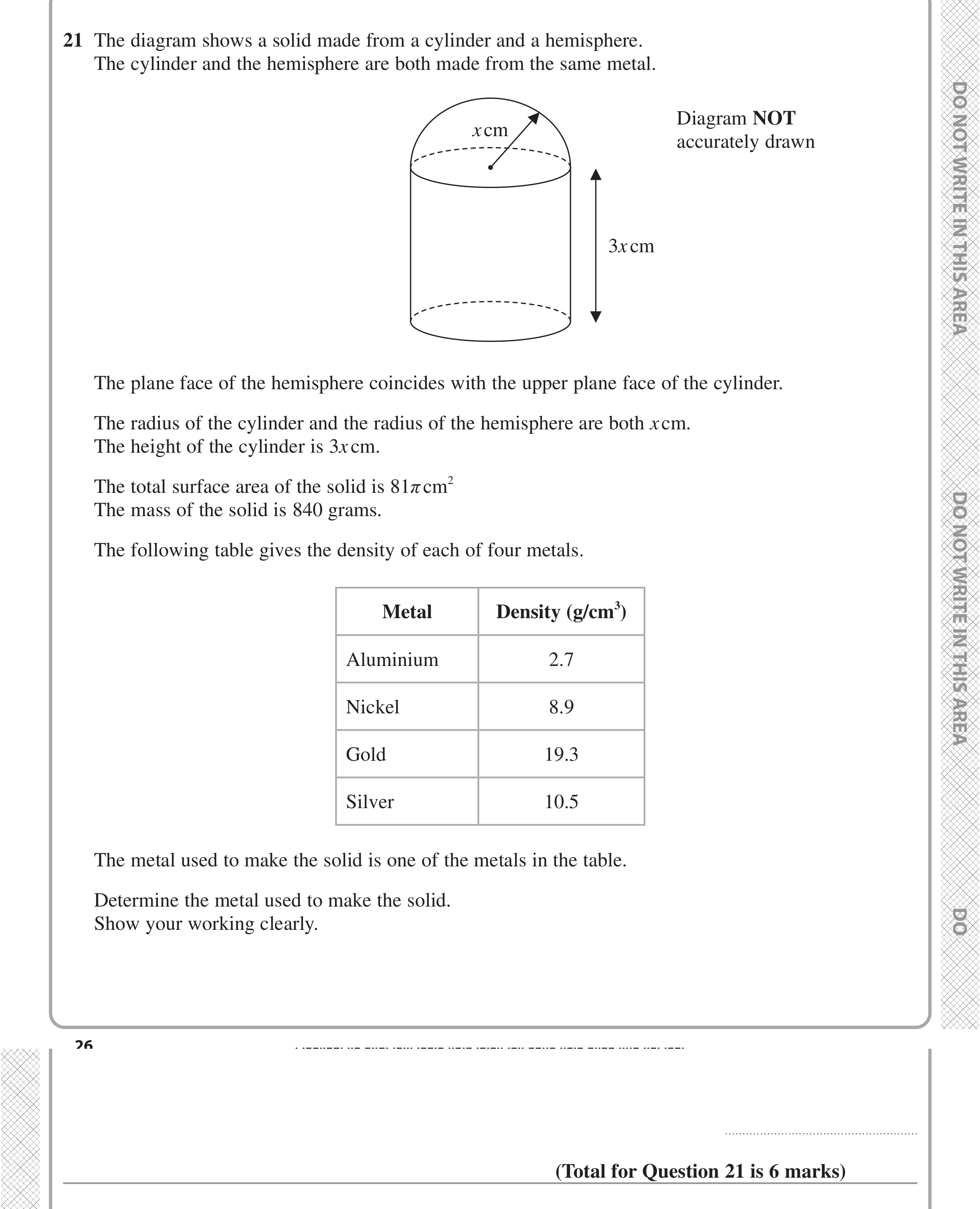 Question 21 — 3D Shapes and Volume, Speed/Distance/Time/Density/Pressure — Edexcel iGCSE Jan 2022