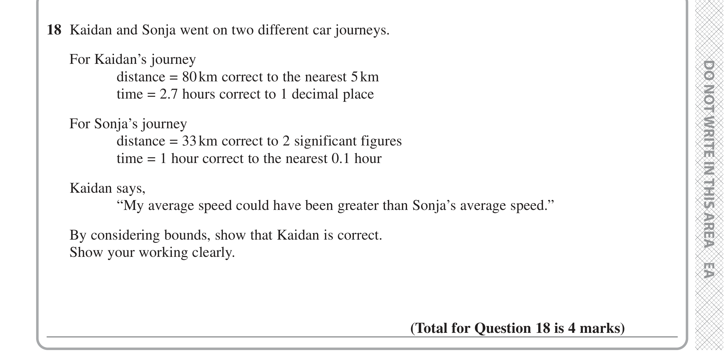 Question 18 — Speed/Distance/Time/Density/Pressure, Upper/Lower Bounds — Edexcel iGCSE June 2022