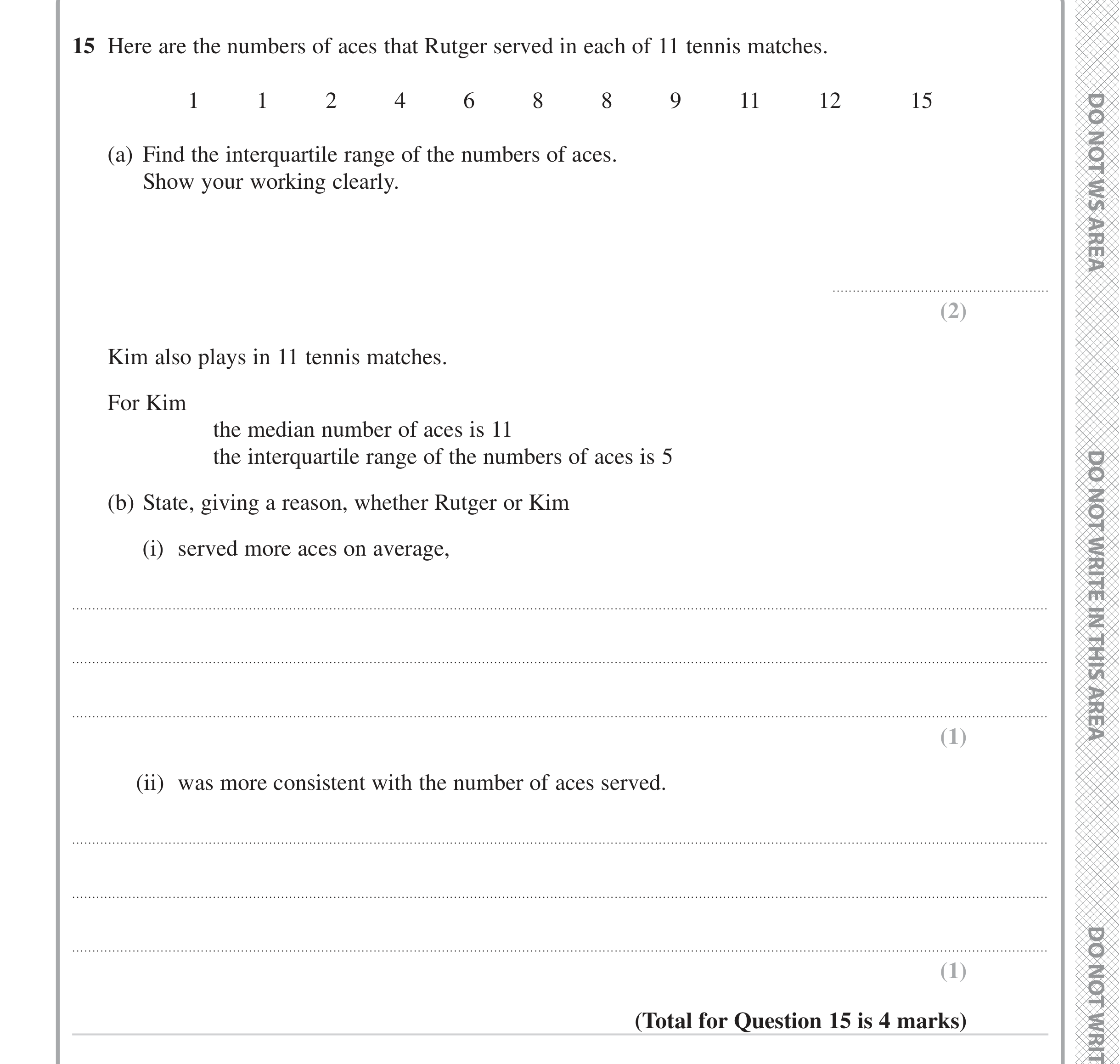 Question 15 — Mean/Median/Mode/Range — Edexcel iGCSE Jan 2023