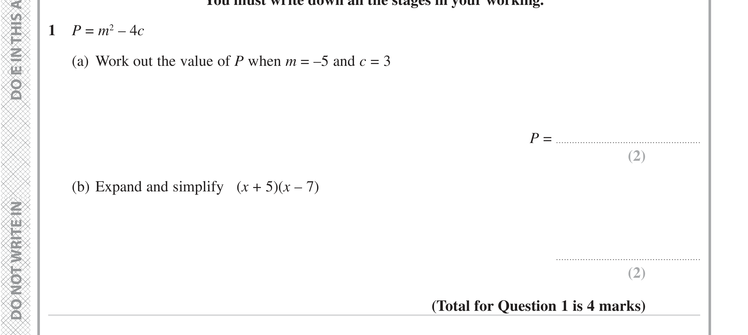 Question 1 — Formulae, Factorise/Expand/Simplify — Edexcel iGCSE June 2023