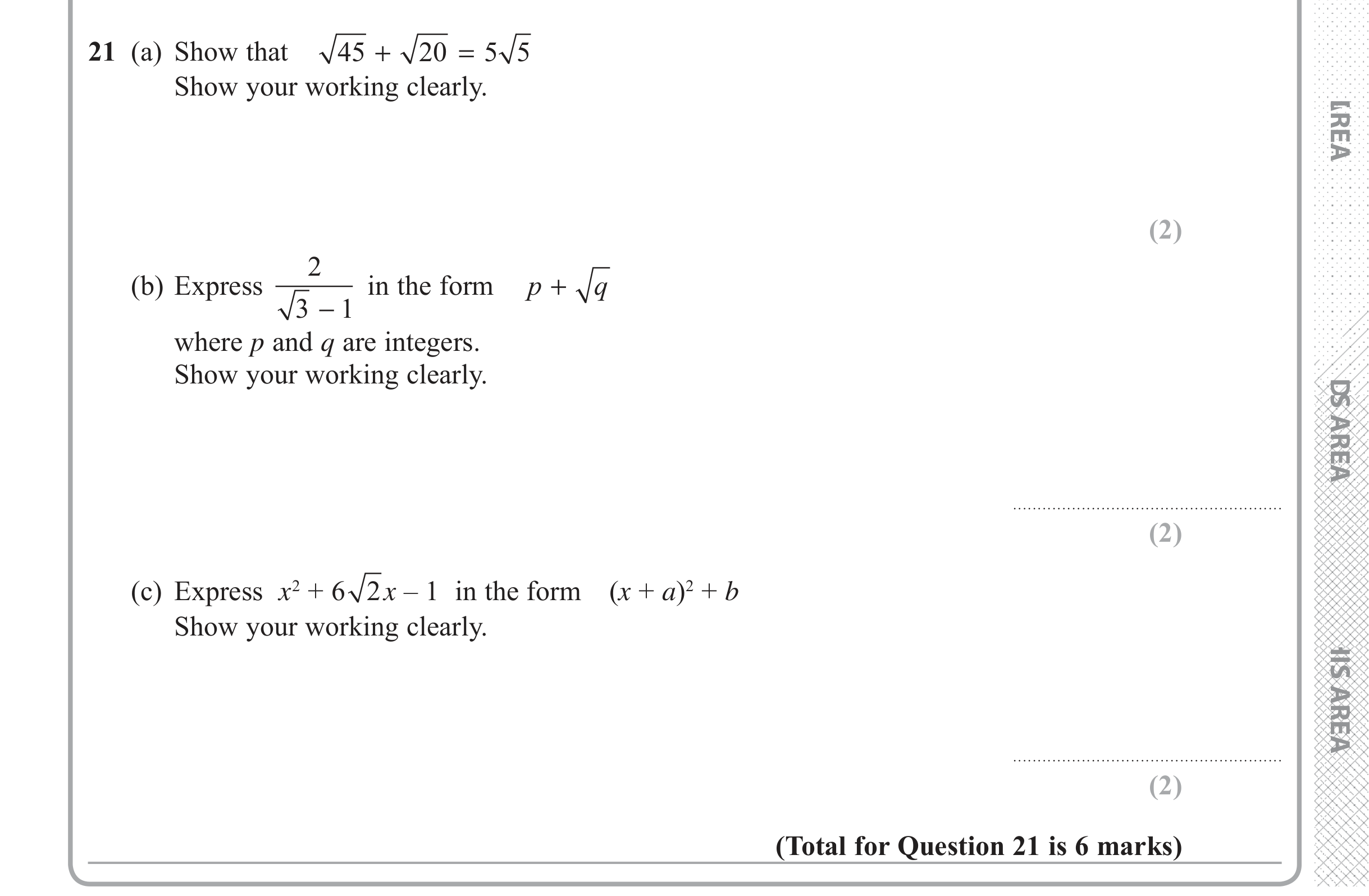 Question 21 — Surds, Quadratic Equations — Edexcel iGCSE June 2018