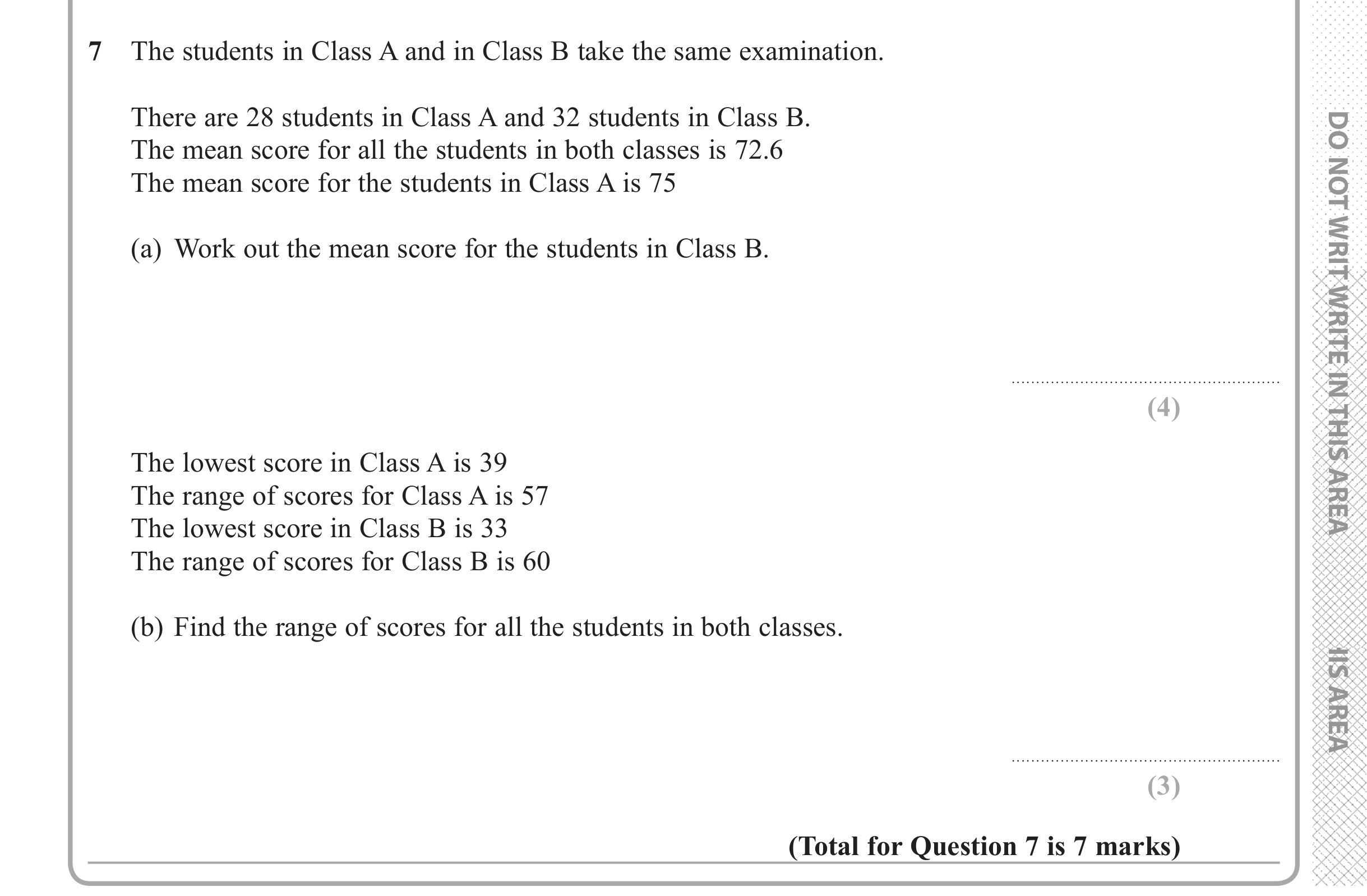 Question 7 — Mean/Median/Mode/Range — Edexcel iGCSE June 2018