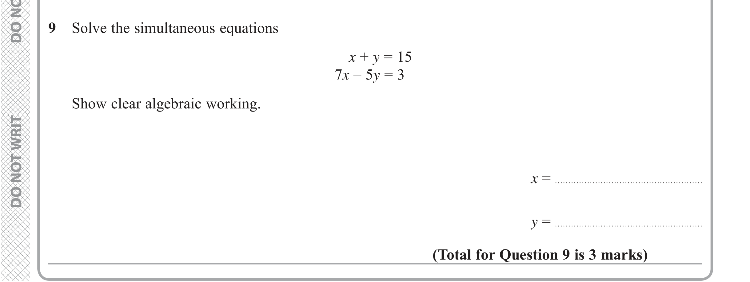 Question 9 — Simultaneous Equations — Edexcel iGCSE June 2018