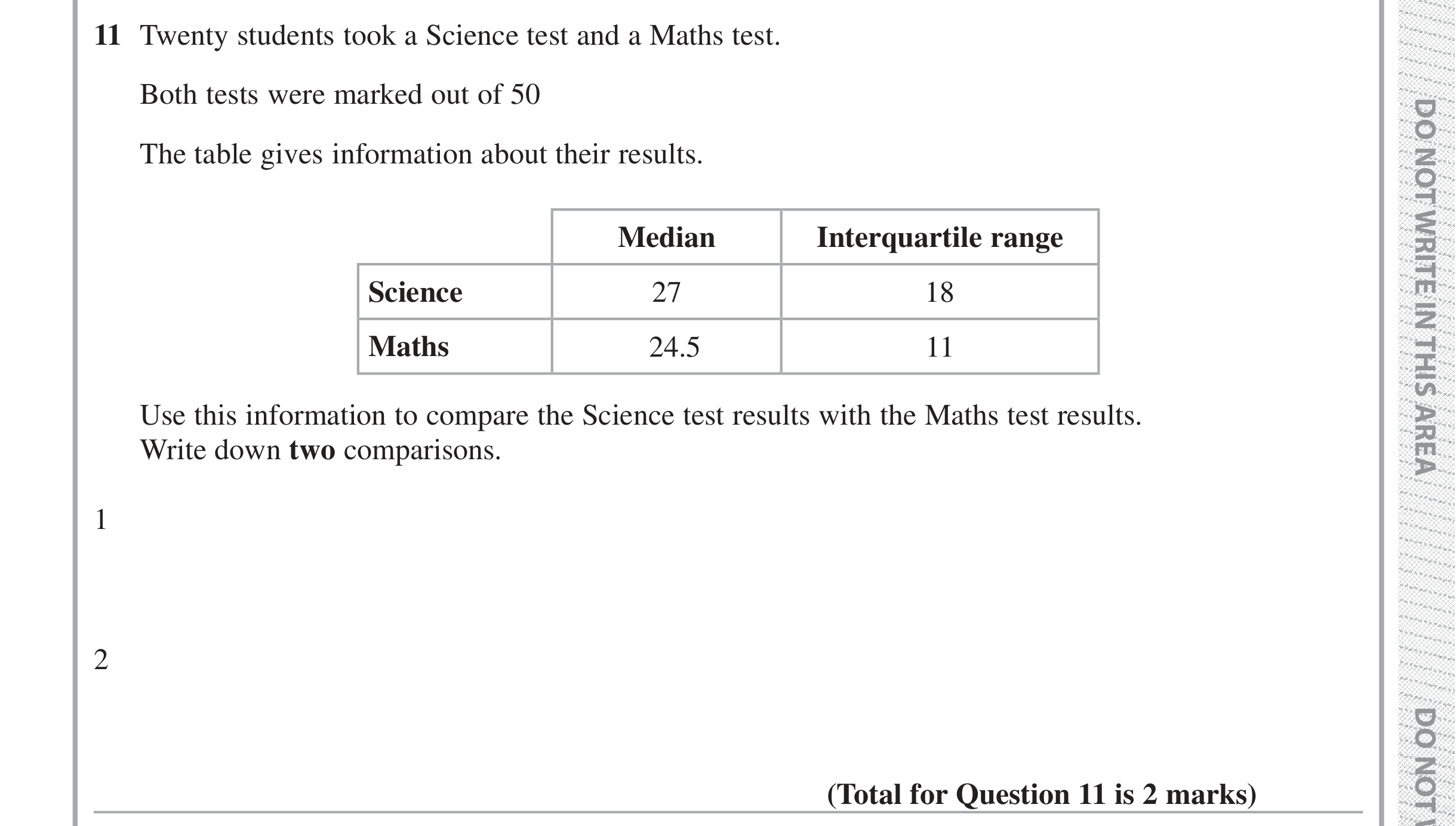 Question 11 — Mean/Median/Mode/Range — Edexcel iGCSE Jan 2019