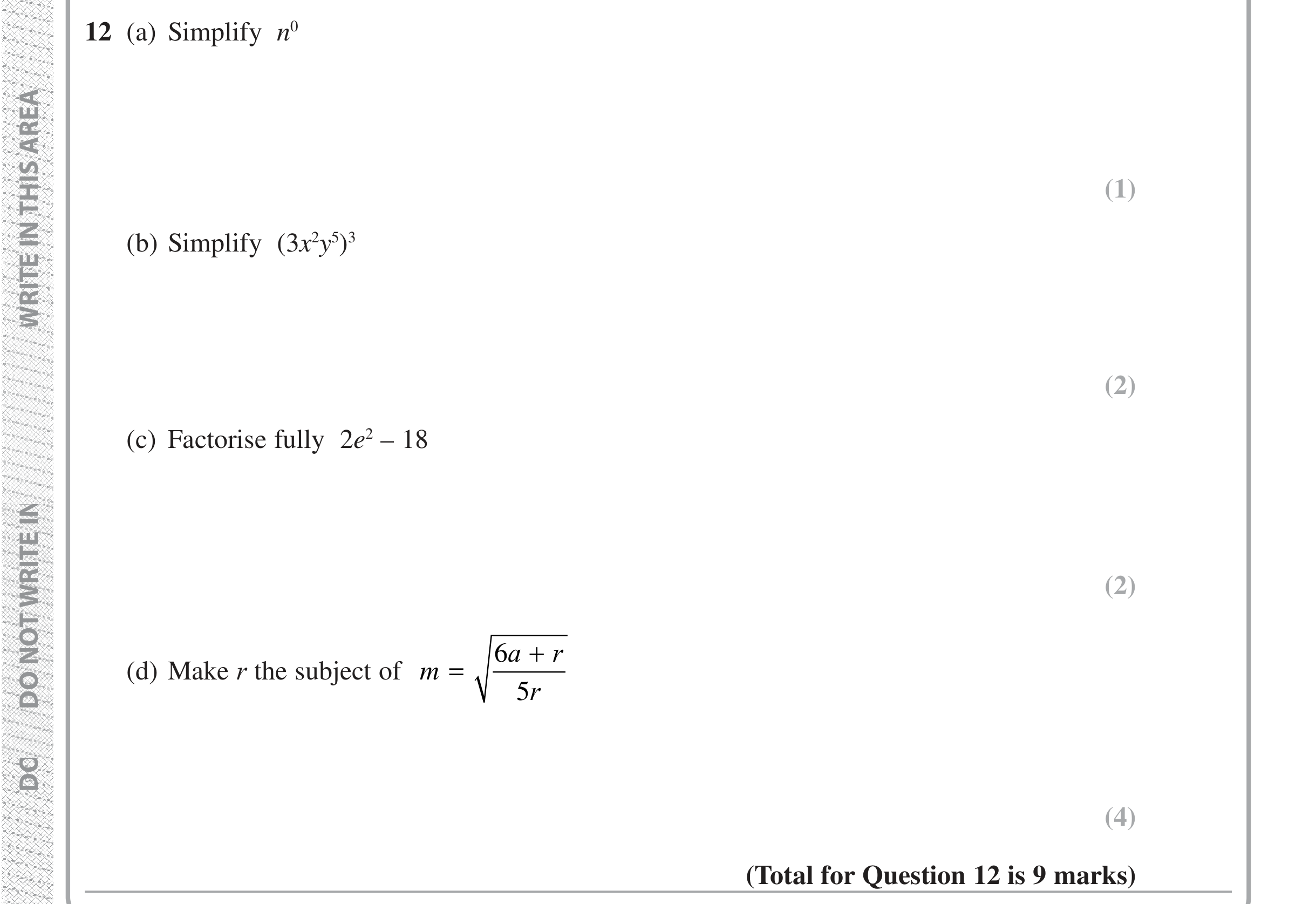 Question 12 — Powers, Factorise/Expand/Simplify, Formulae — Edexcel iGCSE Jan 2019