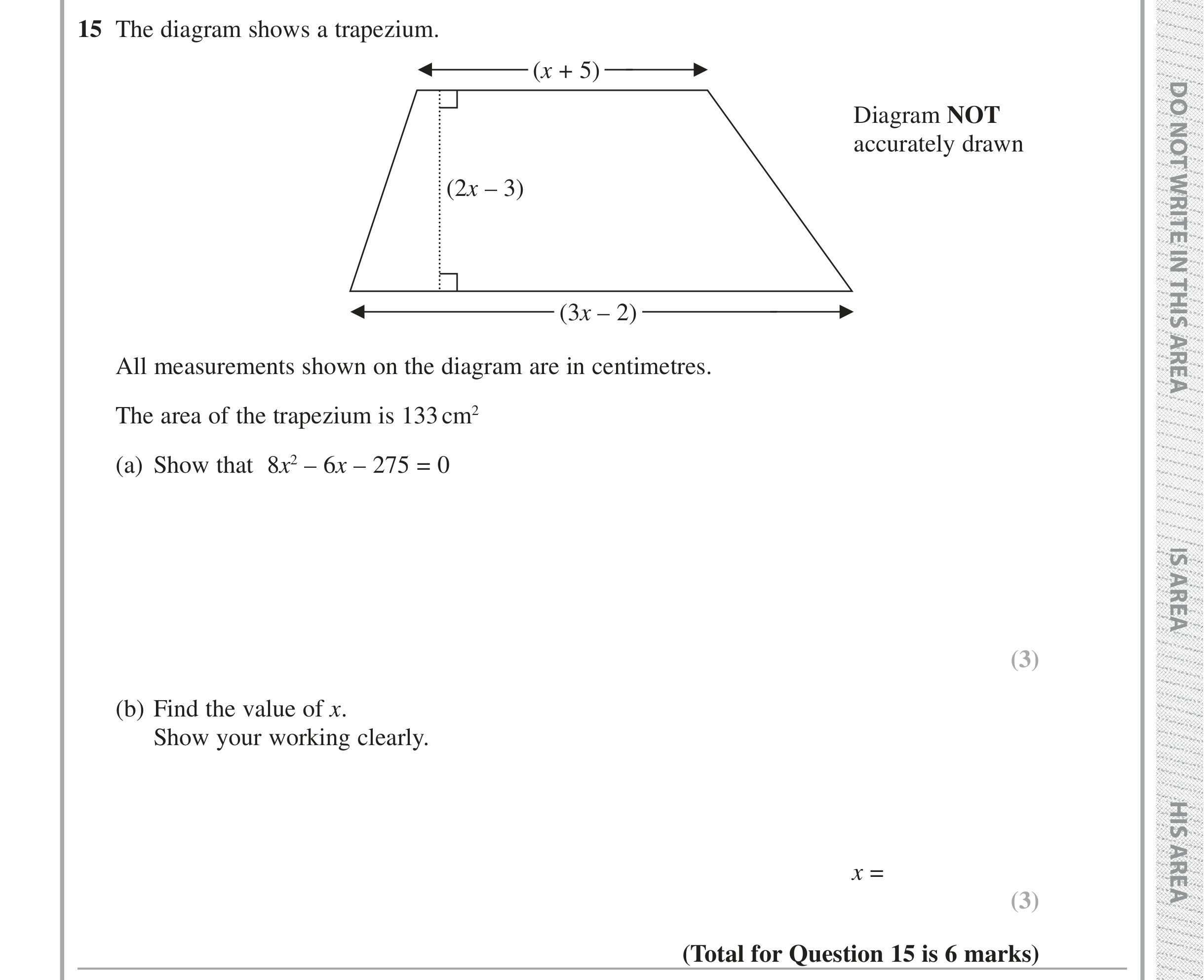 Question 15 — Perimeter and Area, Quadratic Equations — Edexcel iGCSE Jan 2019