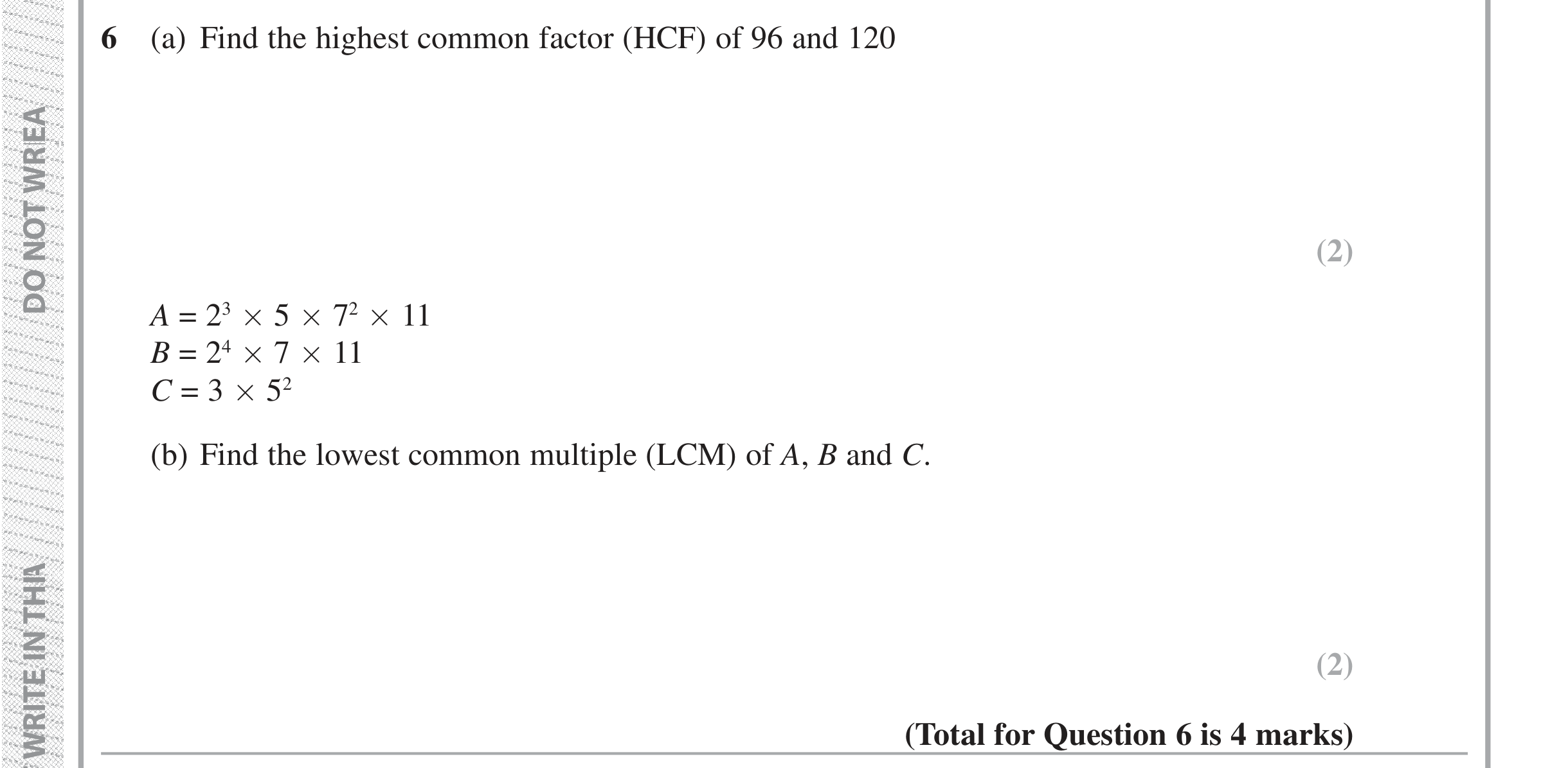 Question 6 — HCF and LCM — Edexcel iGCSE Jan 2019