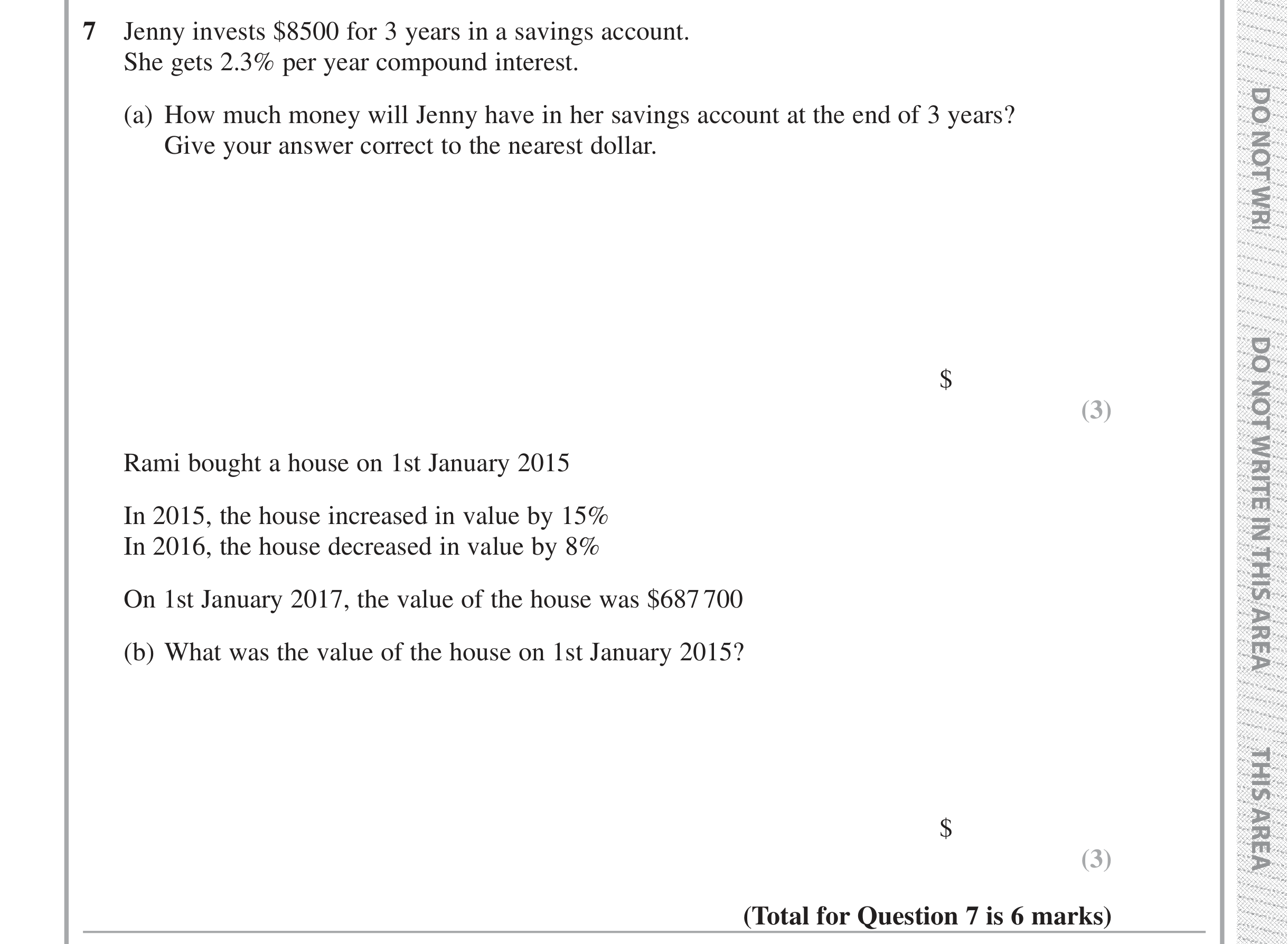 Question 7 — Compound Interest, Percentages — Edexcel iGCSE Jan 2019
