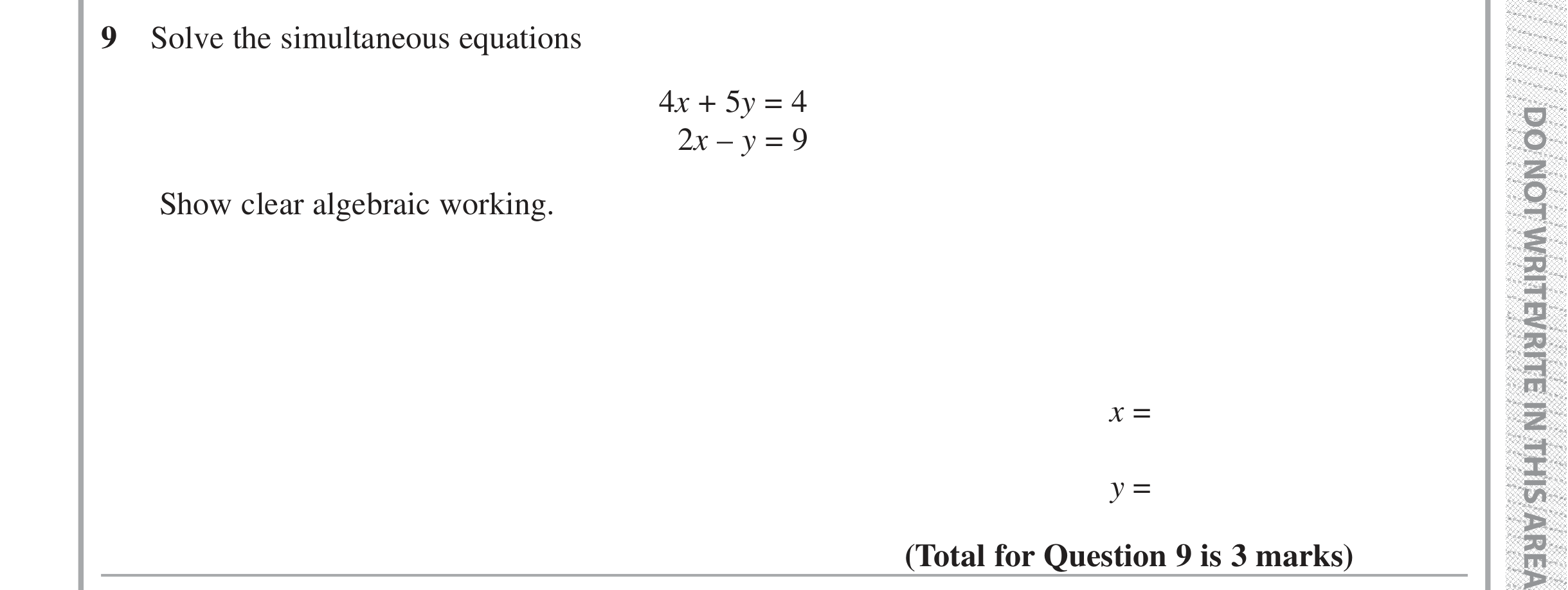 Question 9 — Simultaneous Equations — Edexcel iGCSE Jan 2019