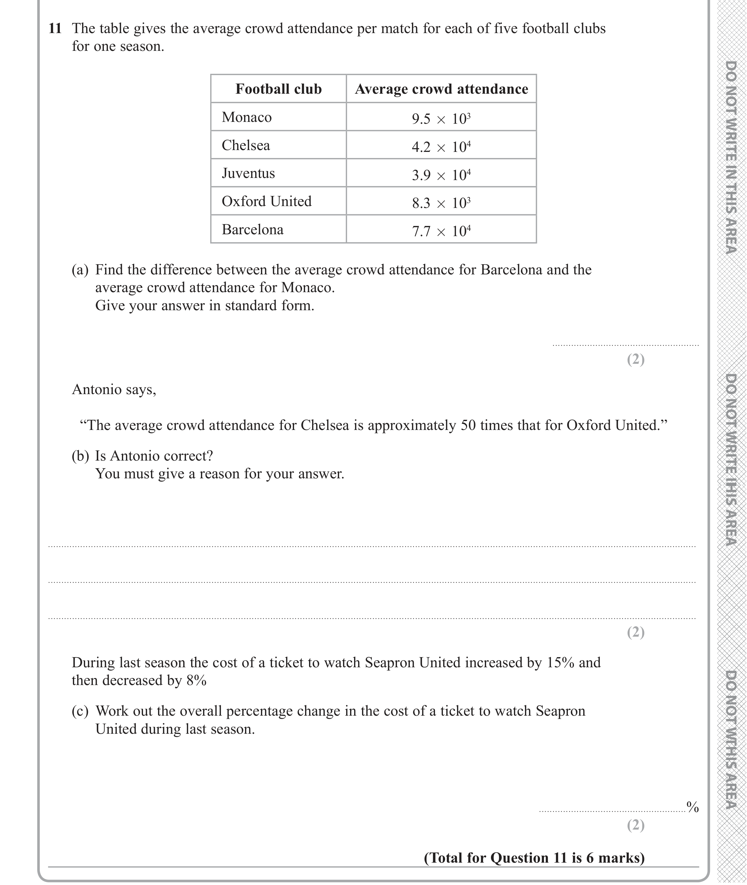Question 11 — Standard Form, Percentages — Edexcel iGCSE June 2019