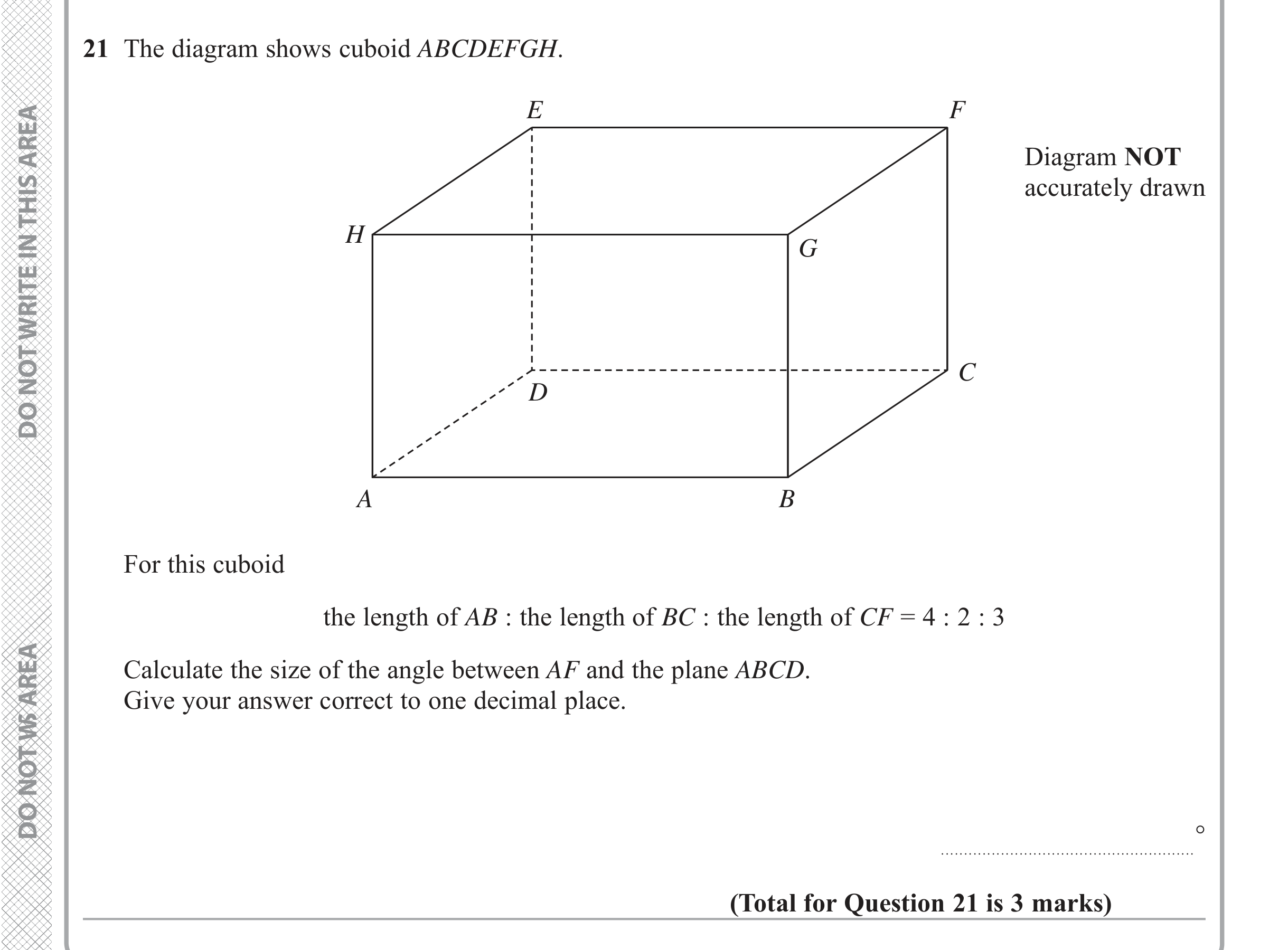 Question 21 — Ratios, 3D Pythagoras — Edexcel iGCSE June 2019