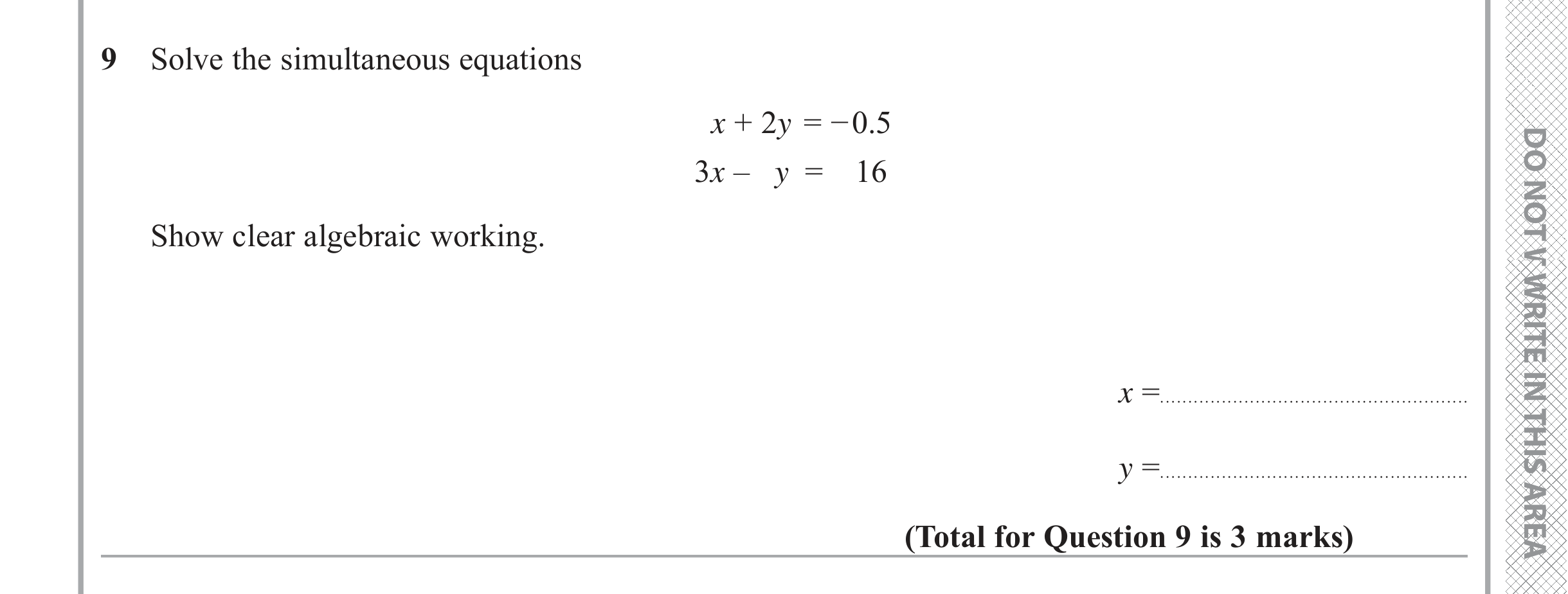 Question 9 — Simultaneous Equations — Edexcel iGCSE June 2019