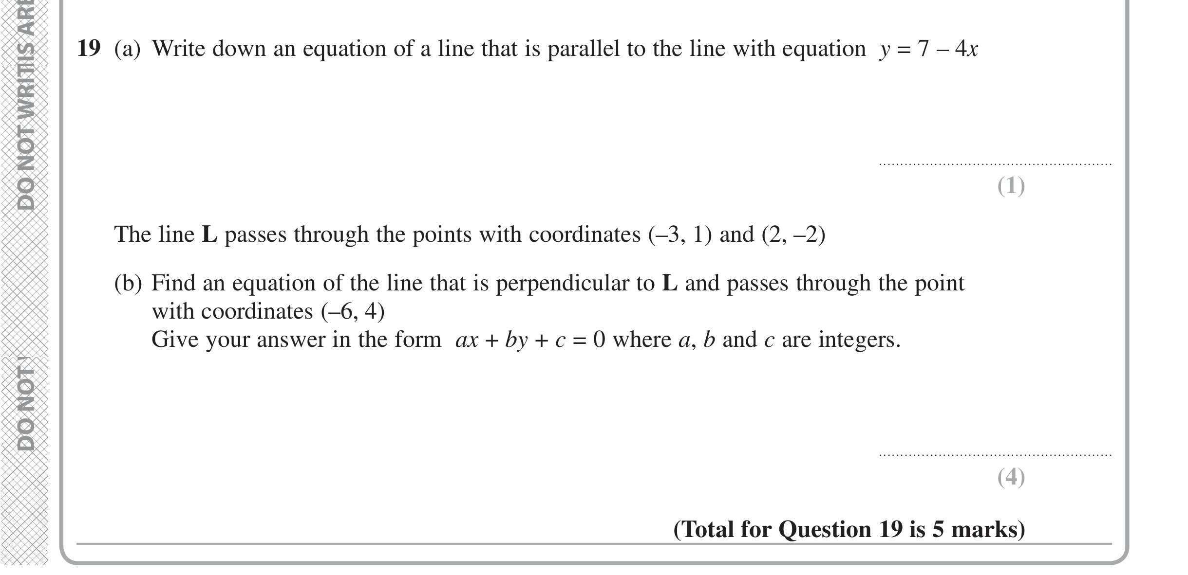Question 19 — Straight Line Graphs — Edexcel iGCSE Jan 2020