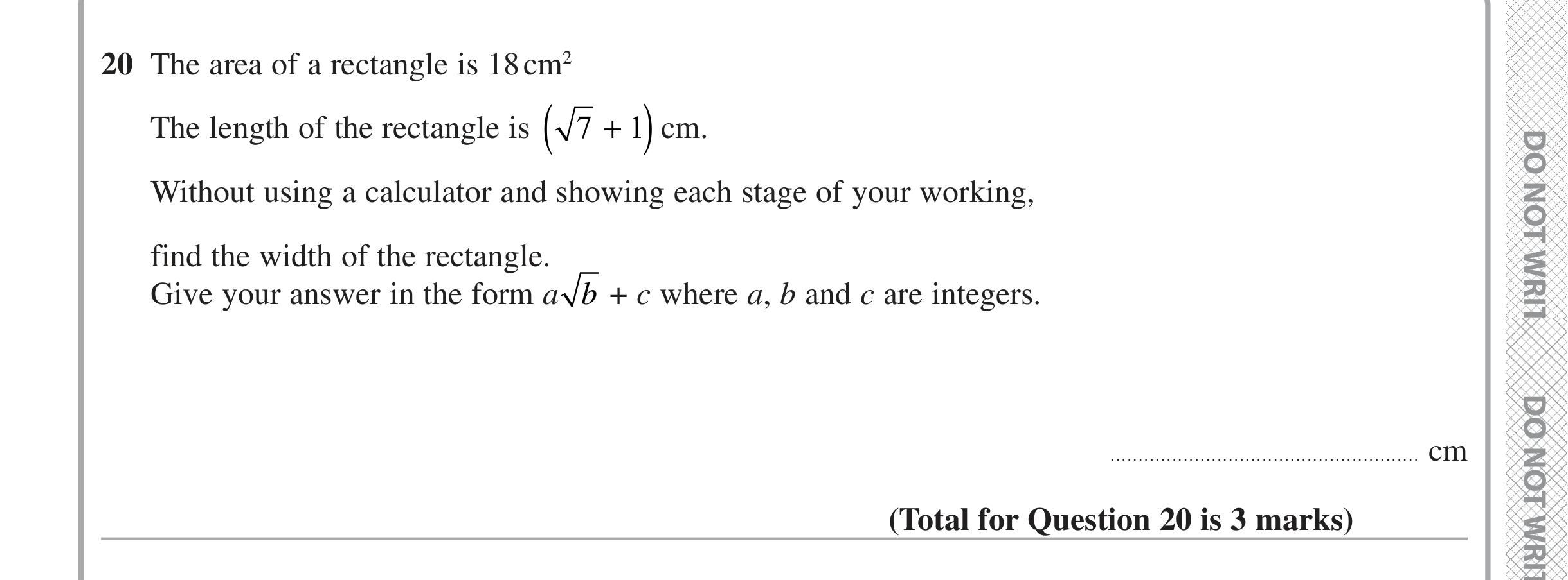 Question 20 — Perimeter and Area, Surds — Edexcel iGCSE Jan 2020