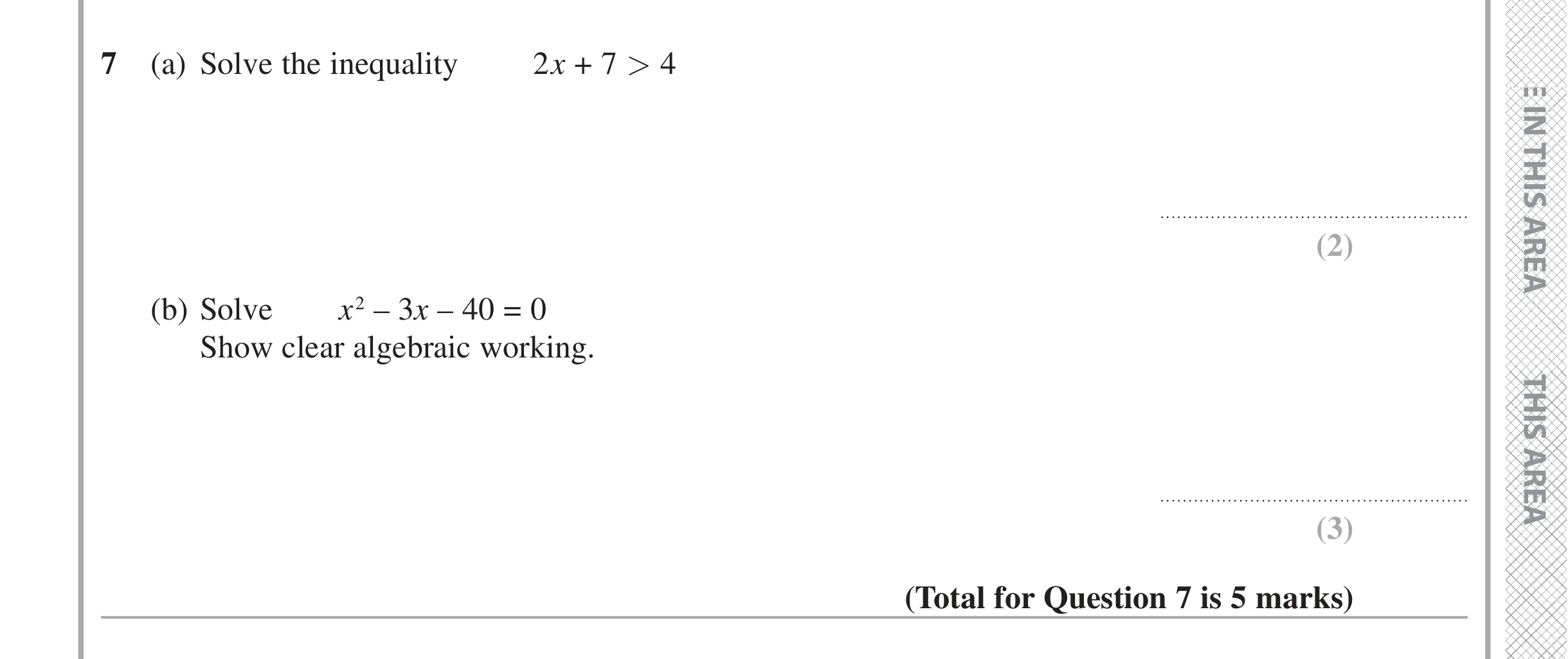 Question 7 — Inequalities, Quadratic Equations — Edexcel iGCSE Jan 2020