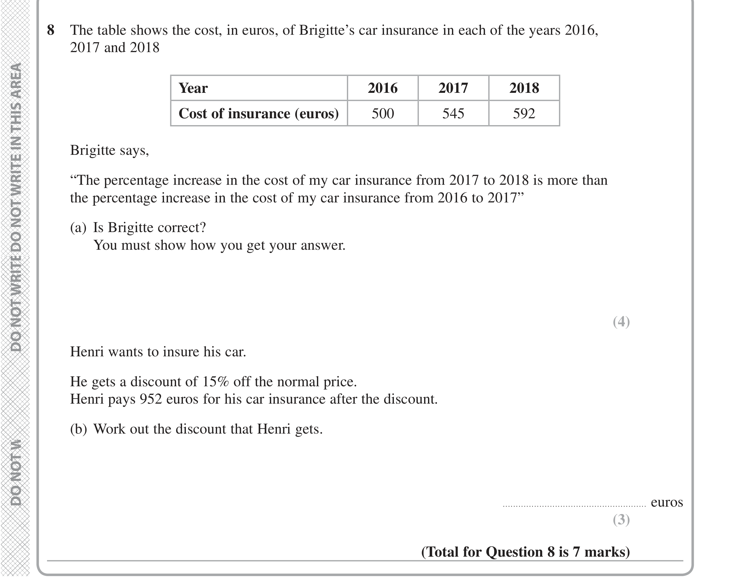 Question 8 — Percentages — Edexcel iGCSE Jan 2020