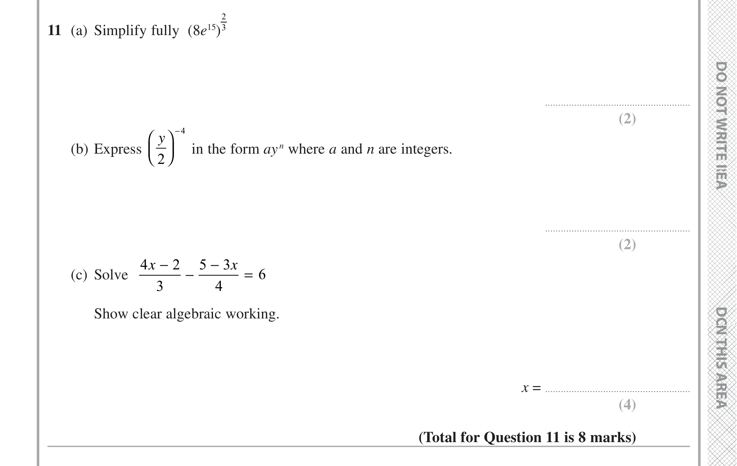 Question 11 — Powers, Linear Equations, Algebra Fractions — Edexcel iGCSE June 2020