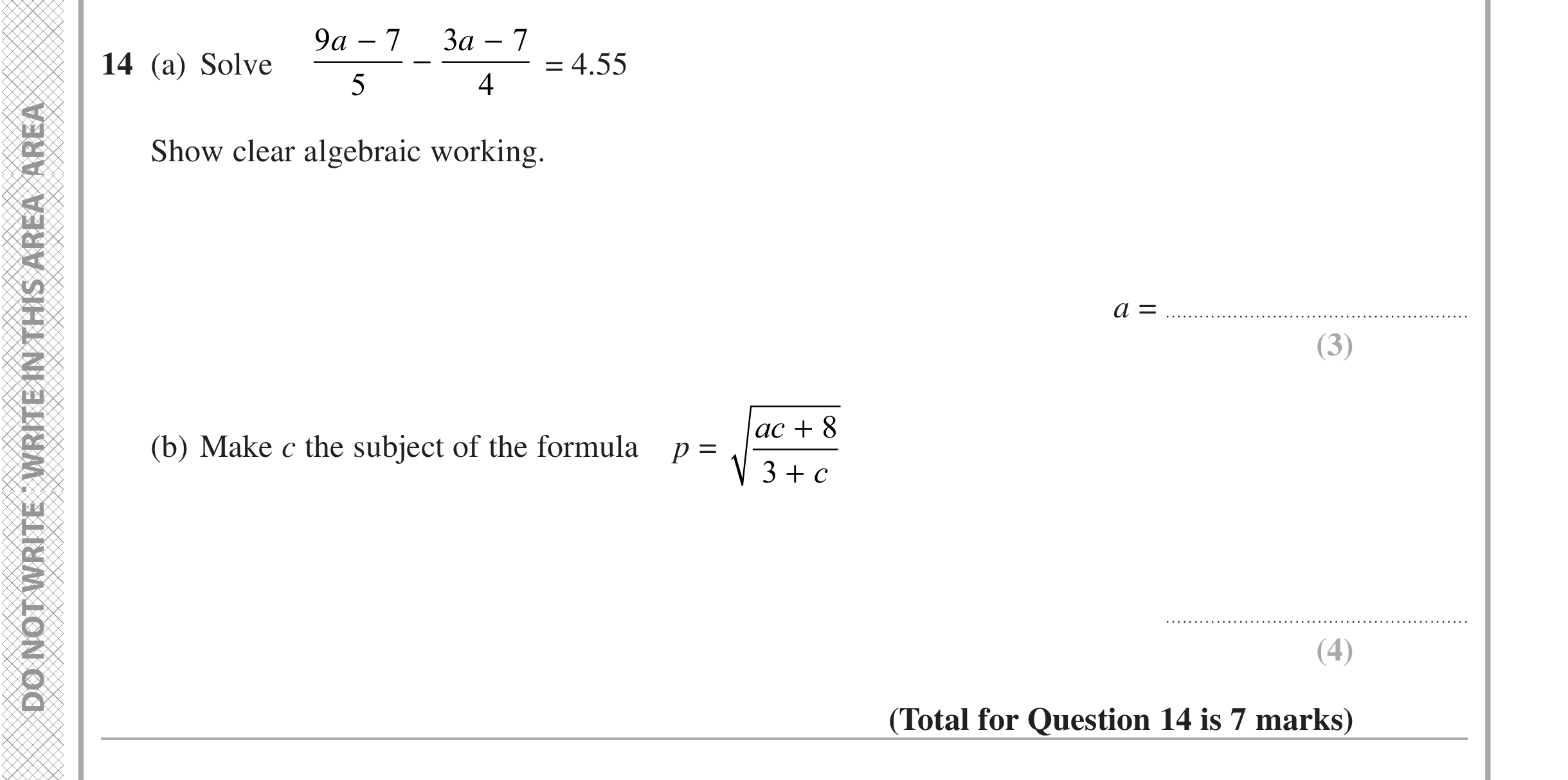 Question 14 — Linear Equations, Algebra Fractions, Formulae — Edexcel iGCSE Jan 2021