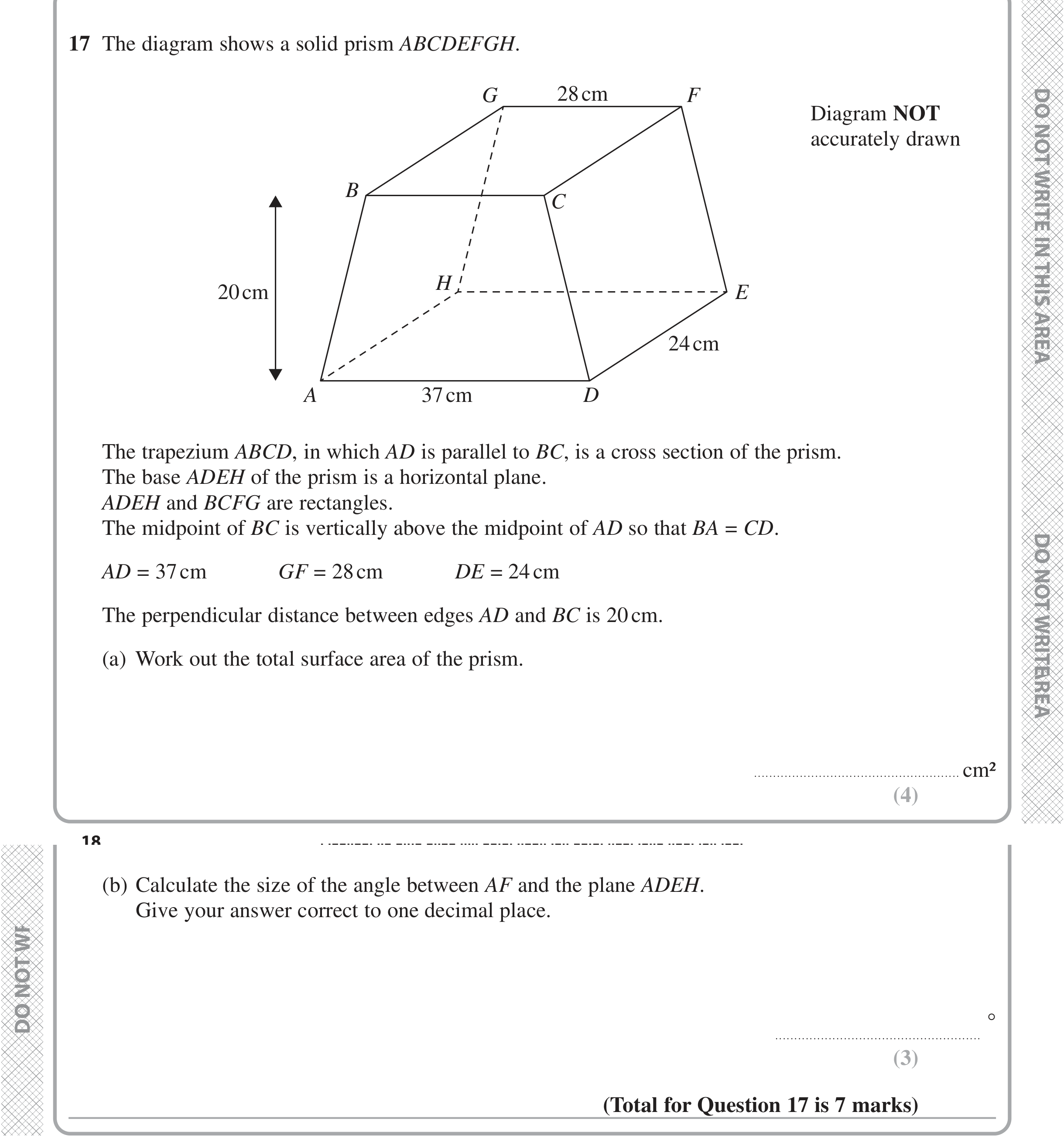 Question 17 — 3D Shapes and Volume, Surface Area, 3D Pythagoras — Edexcel iGCSE Jan 2021