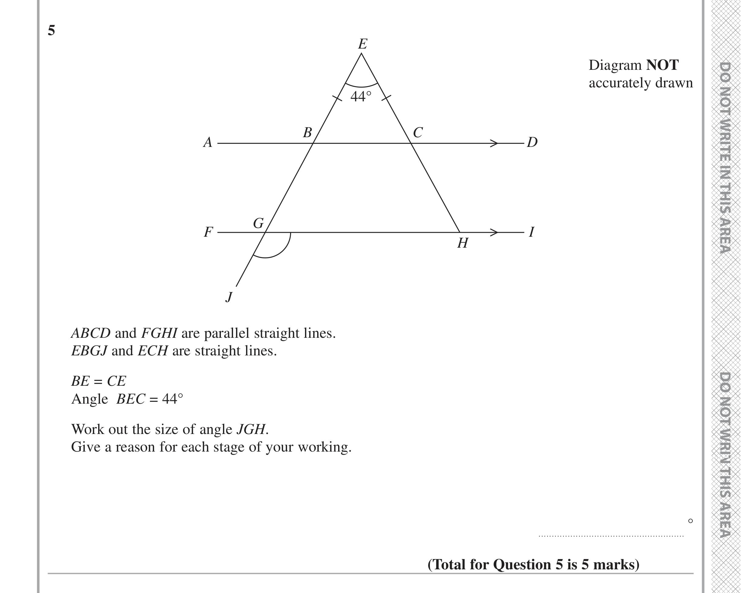 Question 5 — Angles, Angles in Parallel Lines — Edexcel iGCSE June 2021