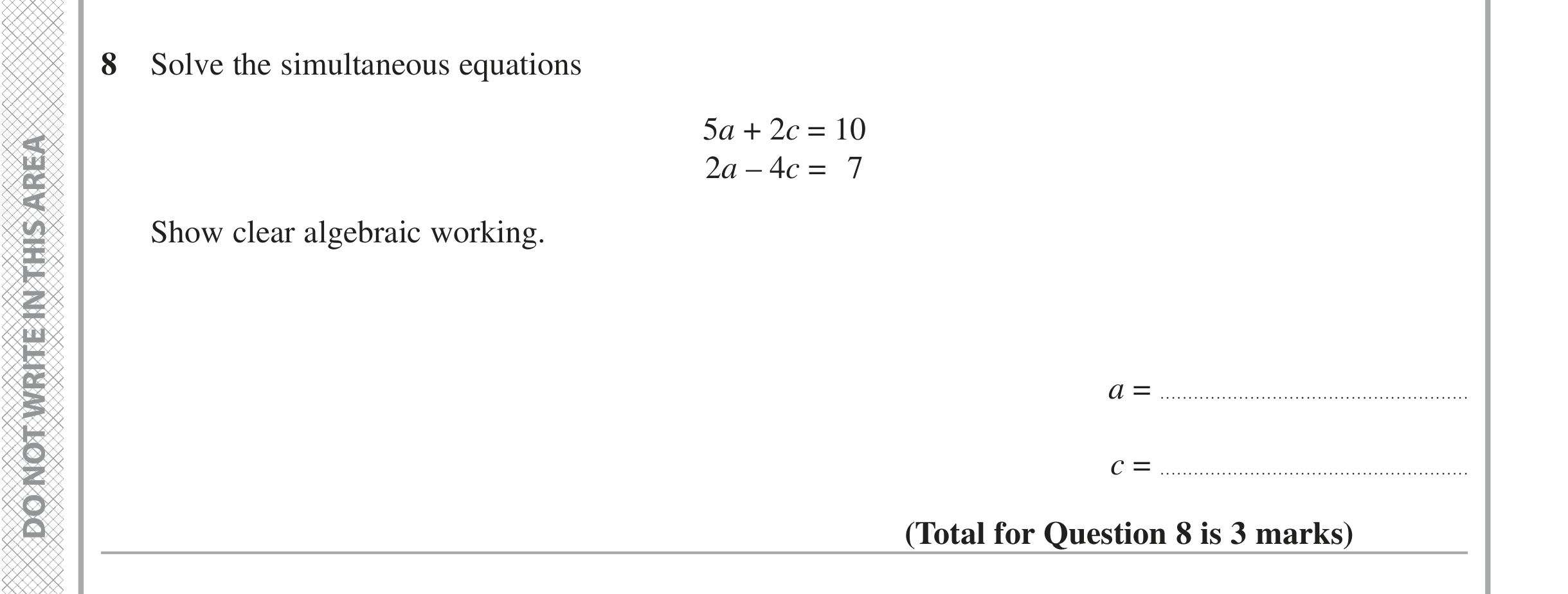 Question 8 — Simultaneous Equations — Edexcel iGCSE June 2021