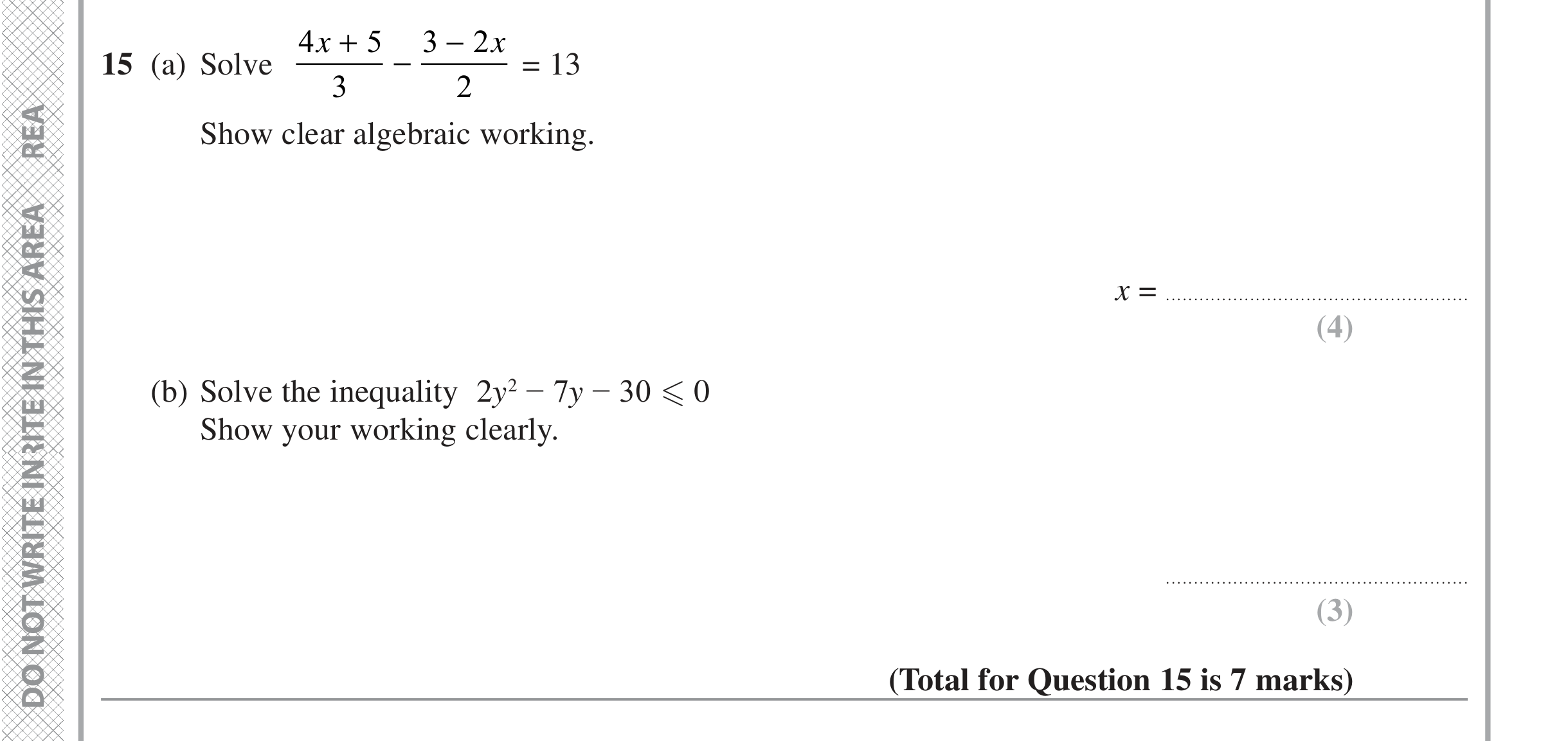 Question 15 — Algebra Fractions, Quadratic Inequalities — Edexcel iGCSE June 2022