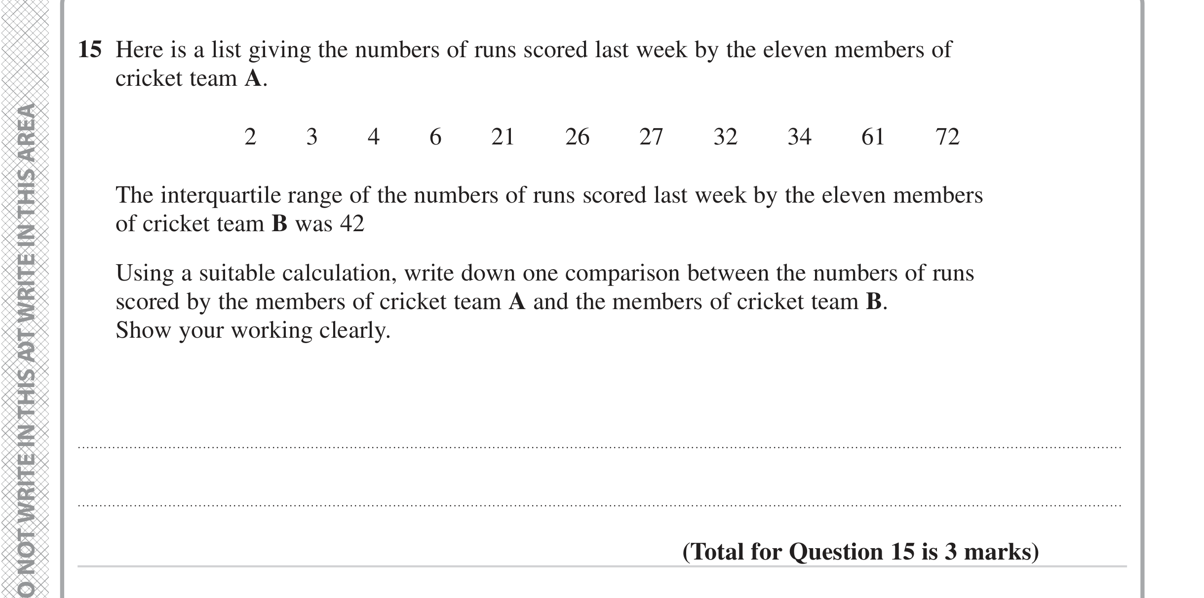 Question 15 — Mean/Median/Mode/Range — Edexcel iGCSE Jan 2023