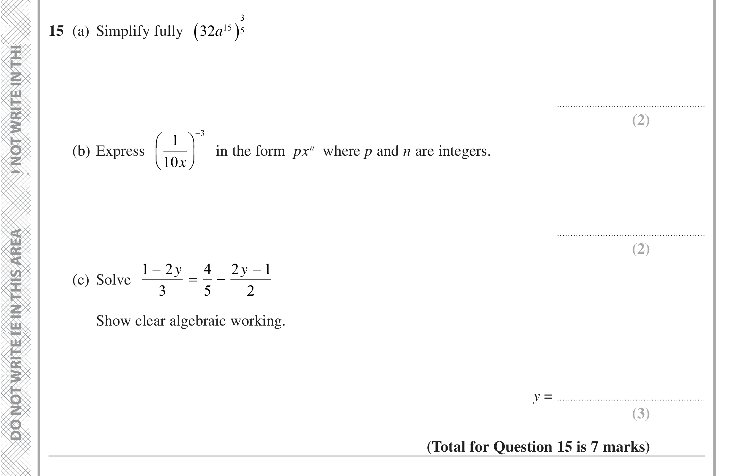 Question 15 — Powers, Algebra Fractions — Edexcel iGCSE June 2023
