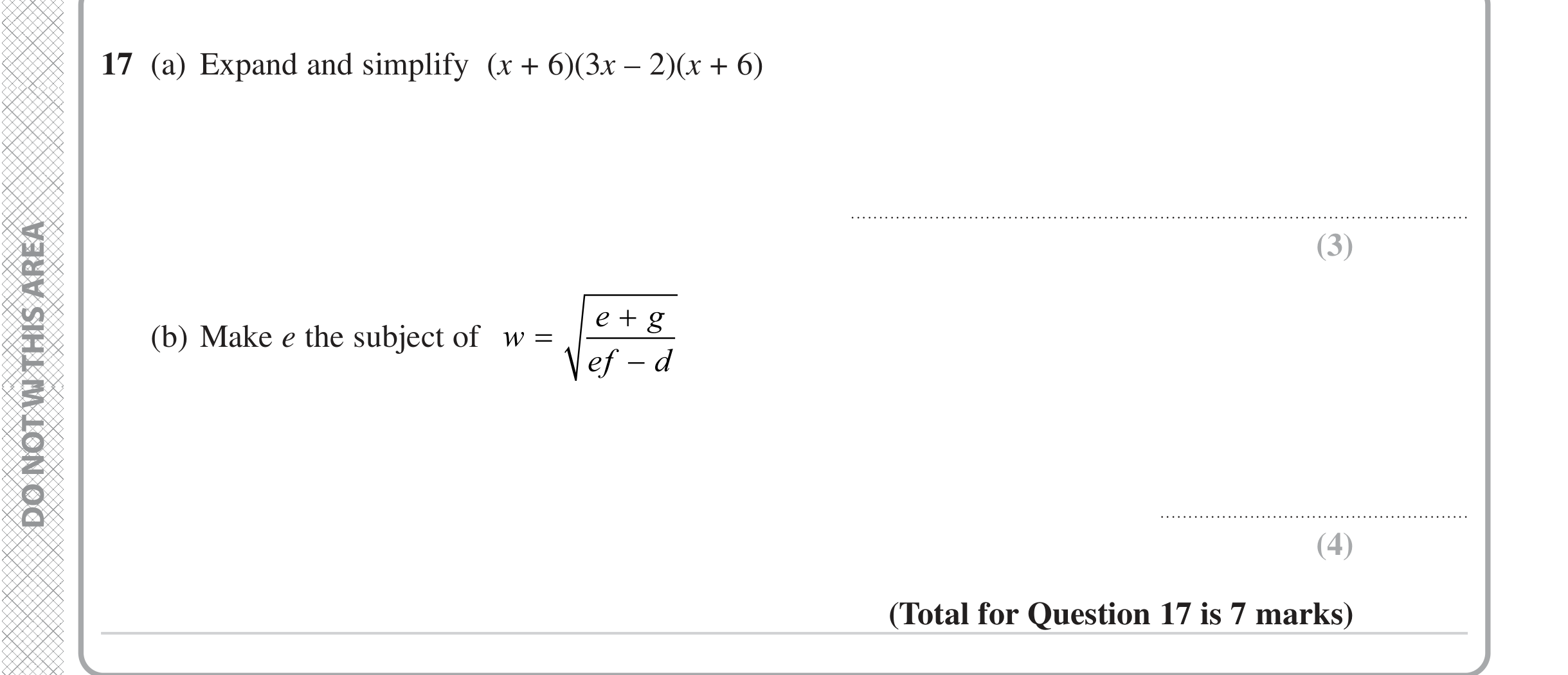 Question 17 — Algebra (Expand/Simplify/Factorise), Formulae — Edexcel iGCSE June 2023