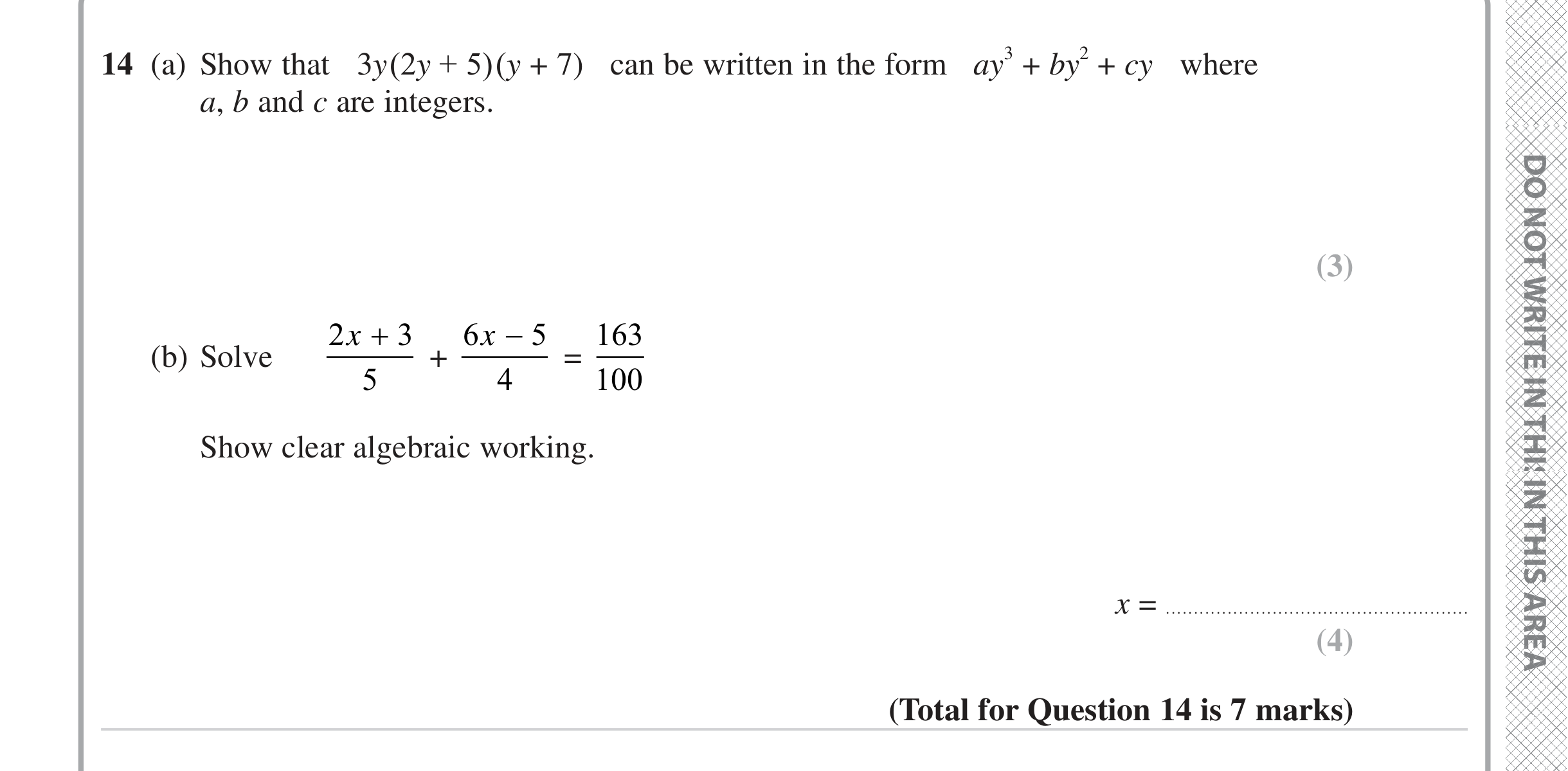 Question 14 — Algebra (Expand/Simplify/Factorise), Algebra Fractions — Edexcel iGCSE June 2024