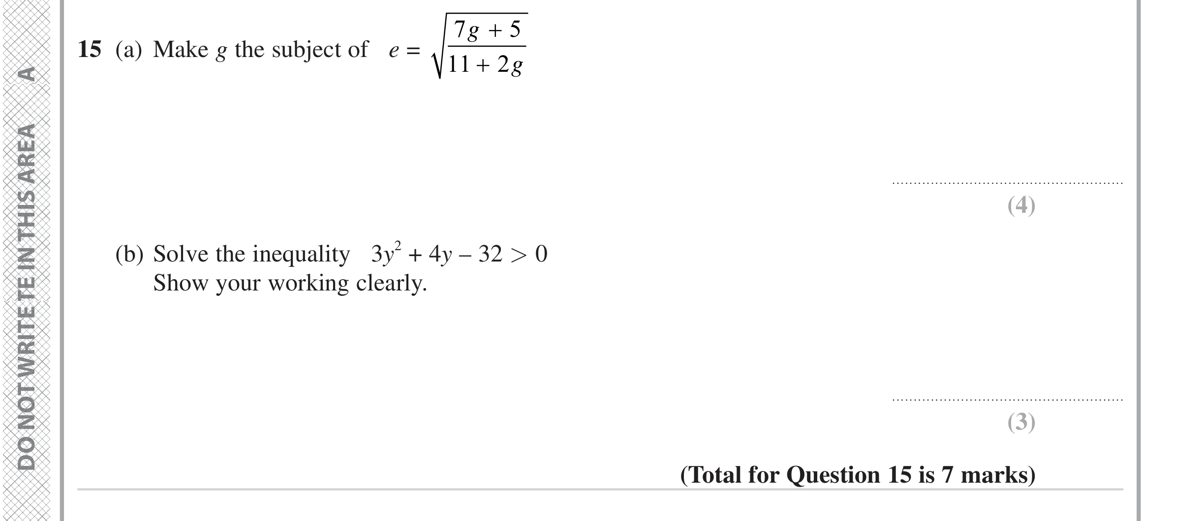 Question 15 — Formulae, Quadratic Inequalities — Edexcel iGCSE June 2024