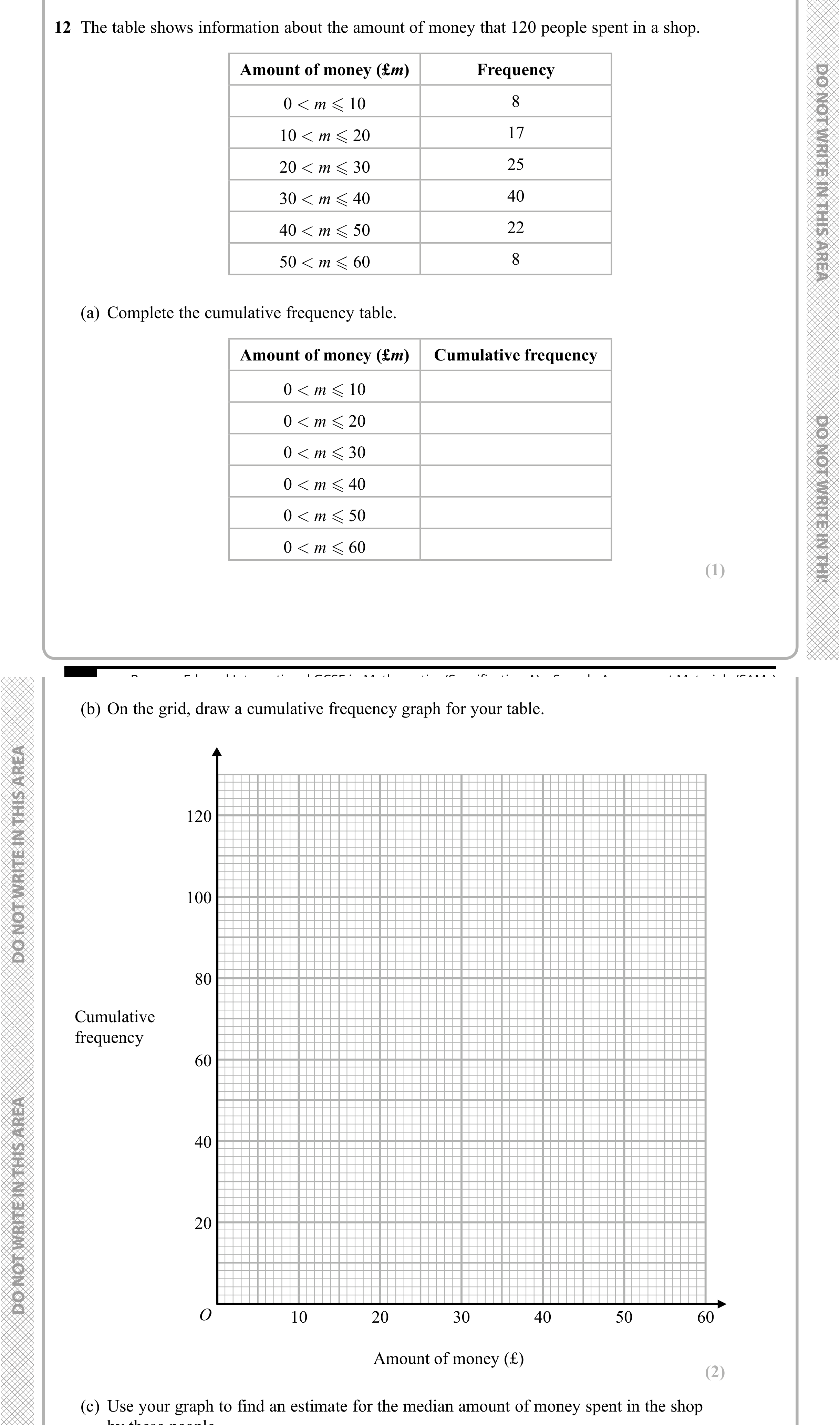 Question 12 — Cumulative Frequency — Edexcel iGCSE Sample Paper