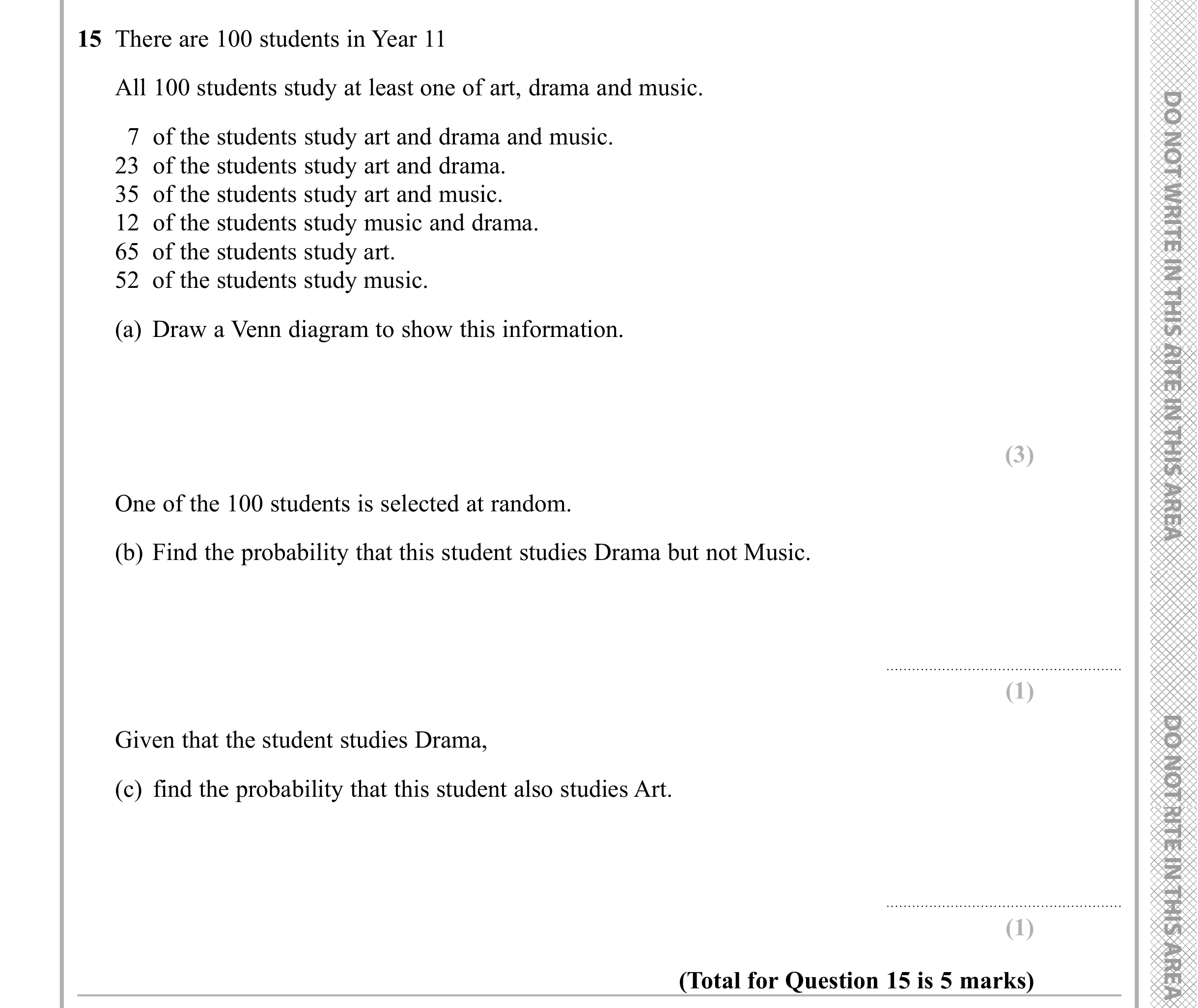 Question 15 — Set Notation, Venn Diagram, Probability — Edexcel iGCSE Sample Paper