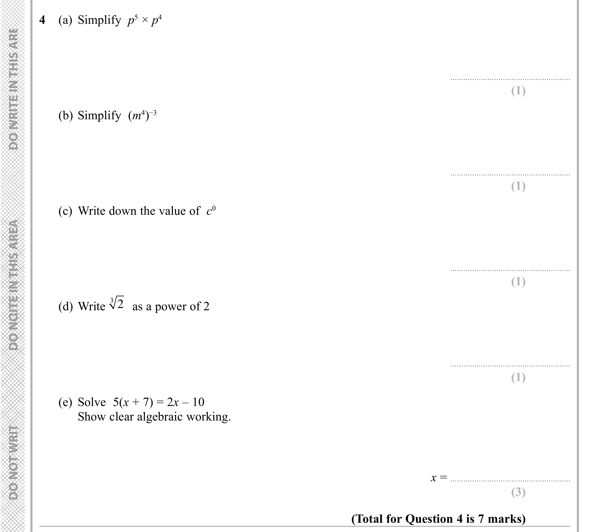 Question 4 — Powers, Linear Equations — Edexcel iGCSE Sample Paper