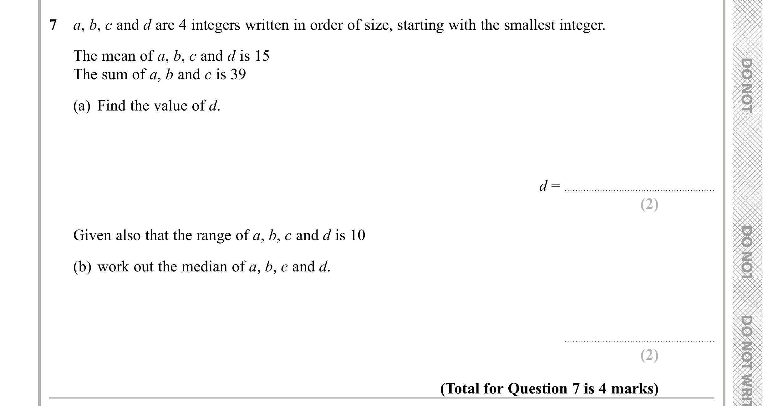 Question 7 — Mean/Median/Mode/Range — Edexcel iGCSE Sample Paper
