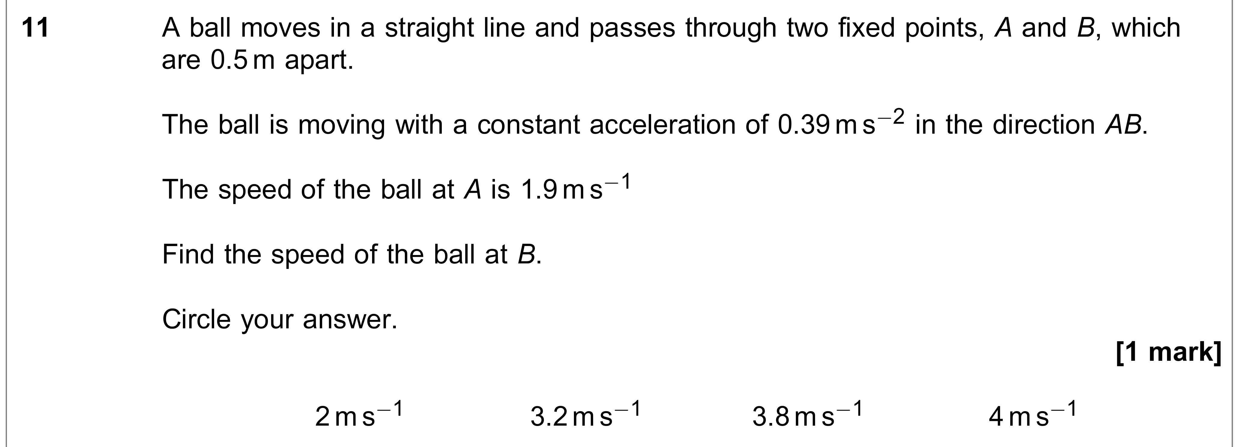 Question 11 — Constant Acceleration 1d — AQA AS Maths June 2019