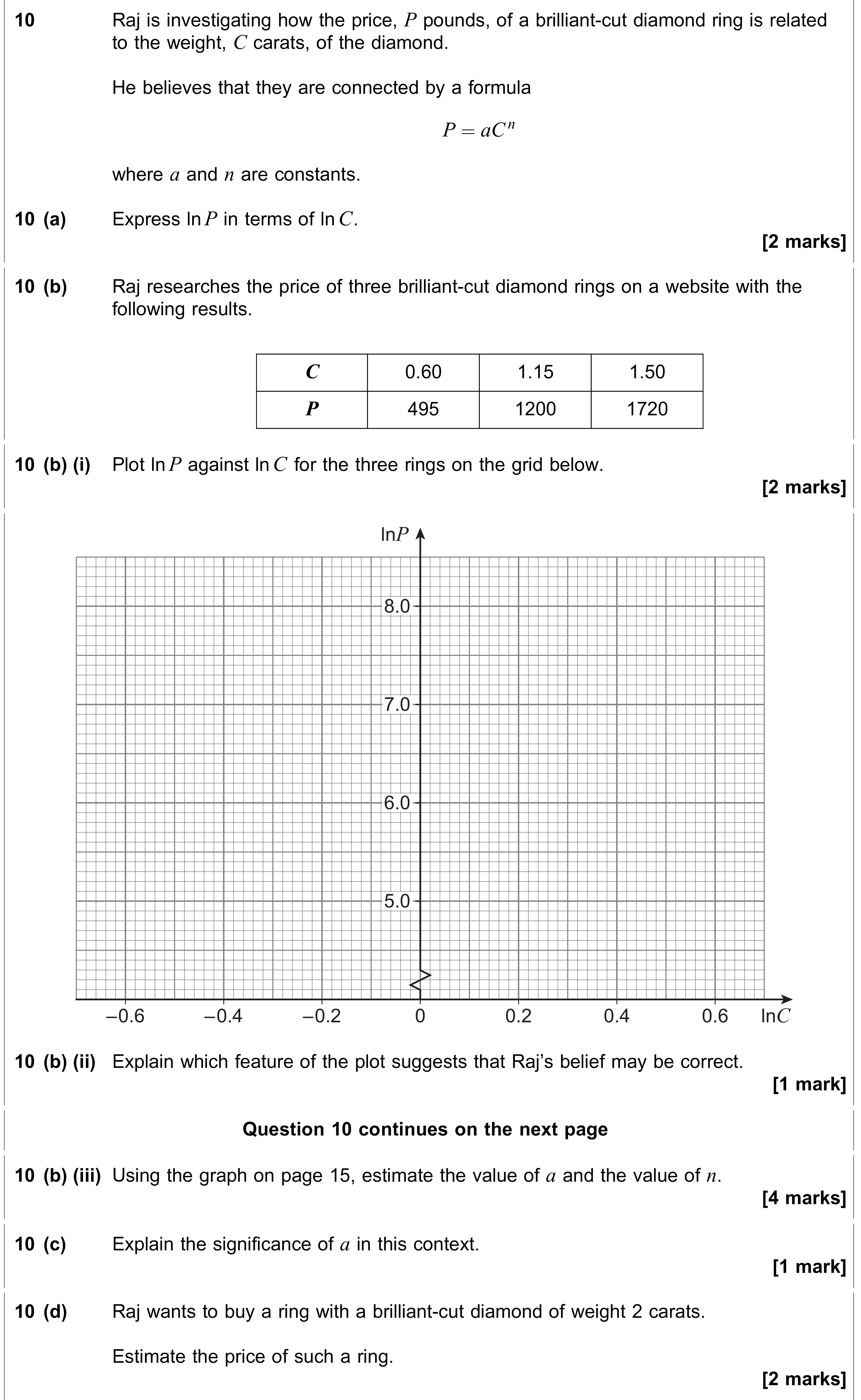 Question 10 — Logs and Straight Line Graphs — AQA AS Maths June 2020