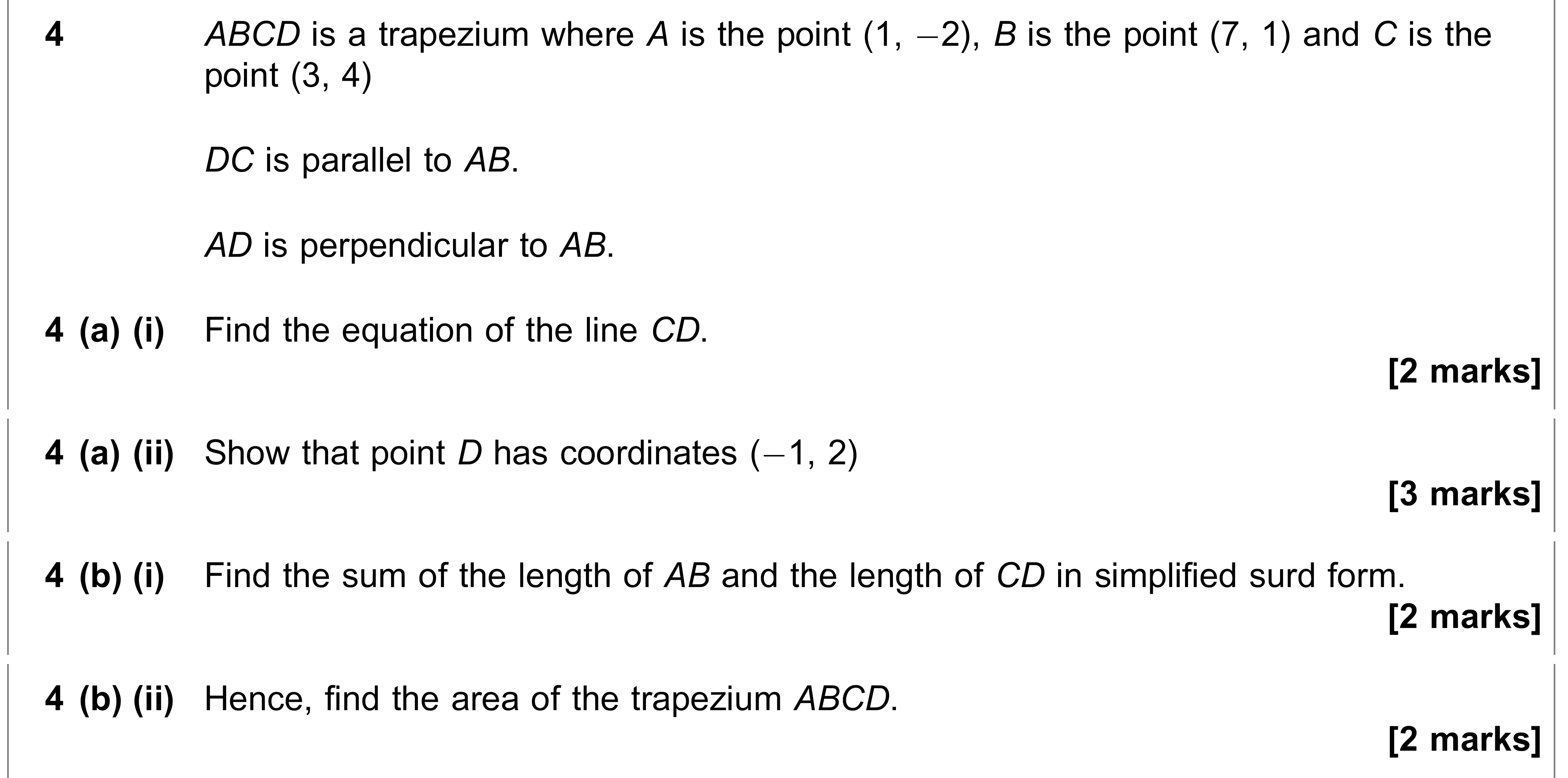 Question 4 — Straight Line Graphs, Coordinate Geometry — AQA AS Maths June 2021