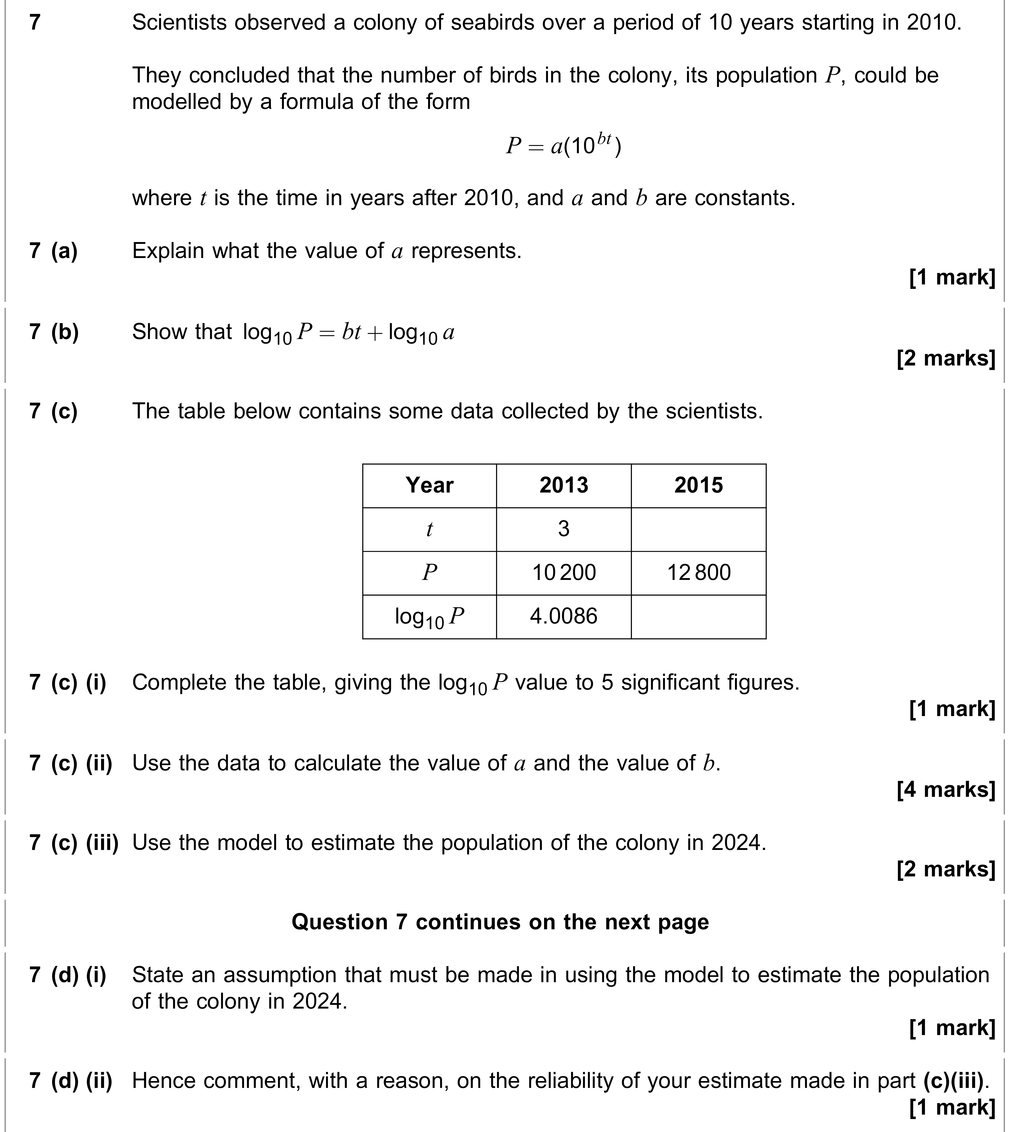 Question 7 — Logs and Straight Line Graphs — AQA AS Maths June 2021