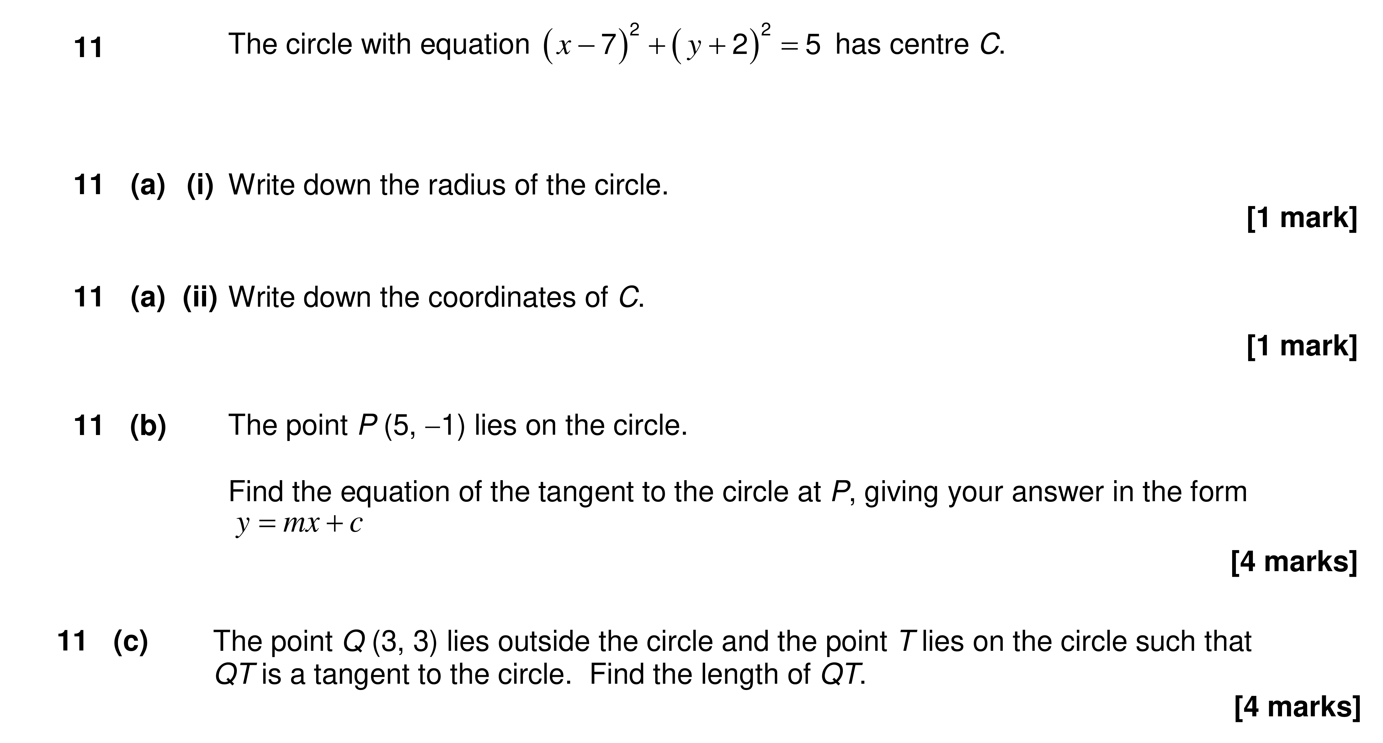 Question 11 — Circles — AQA AS Maths Specimen 2017