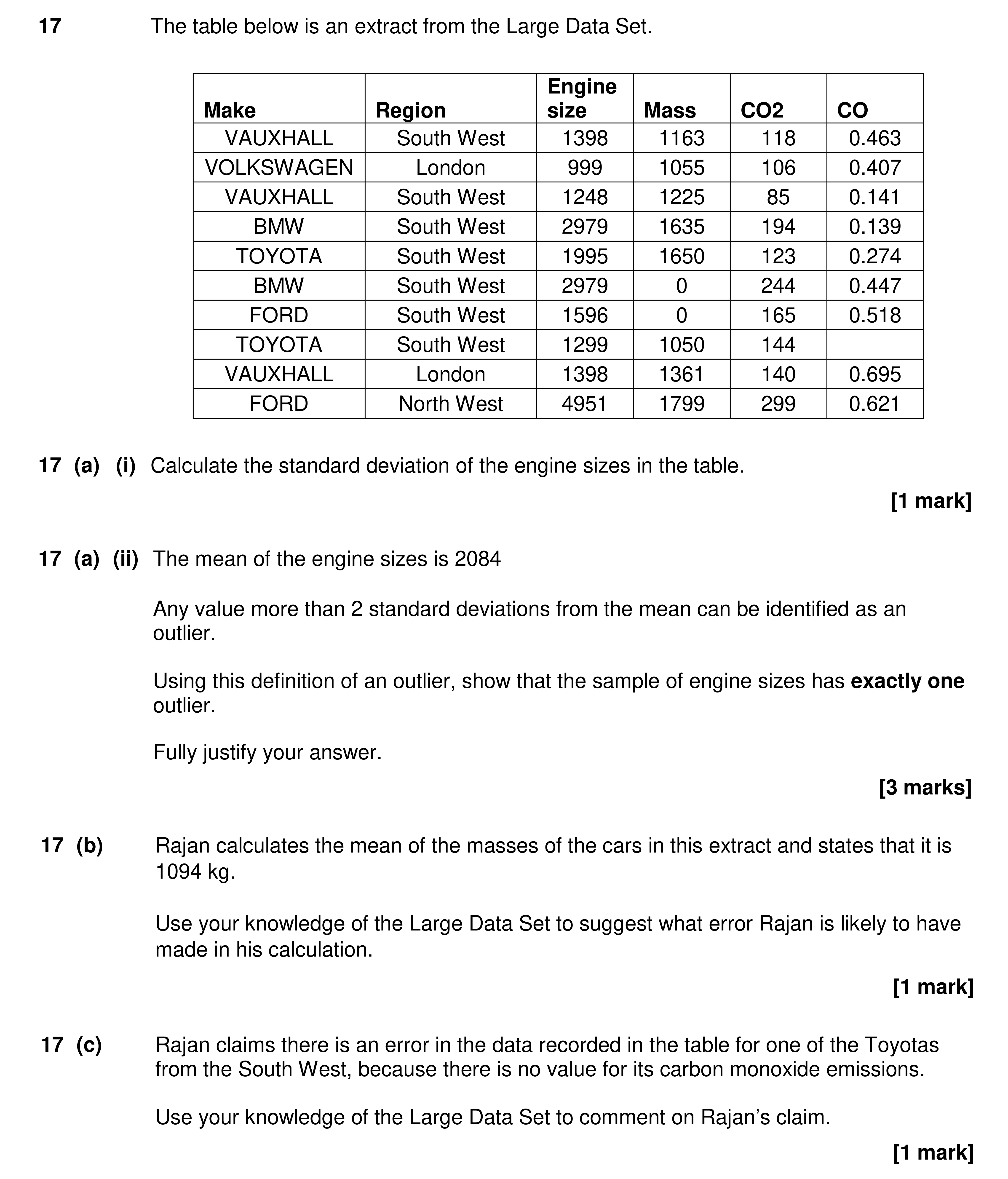 Question 17 — Large Data Set, Outliers, Mean, Variance and Standard Deviation — AQA AS Maths Specimen 2017