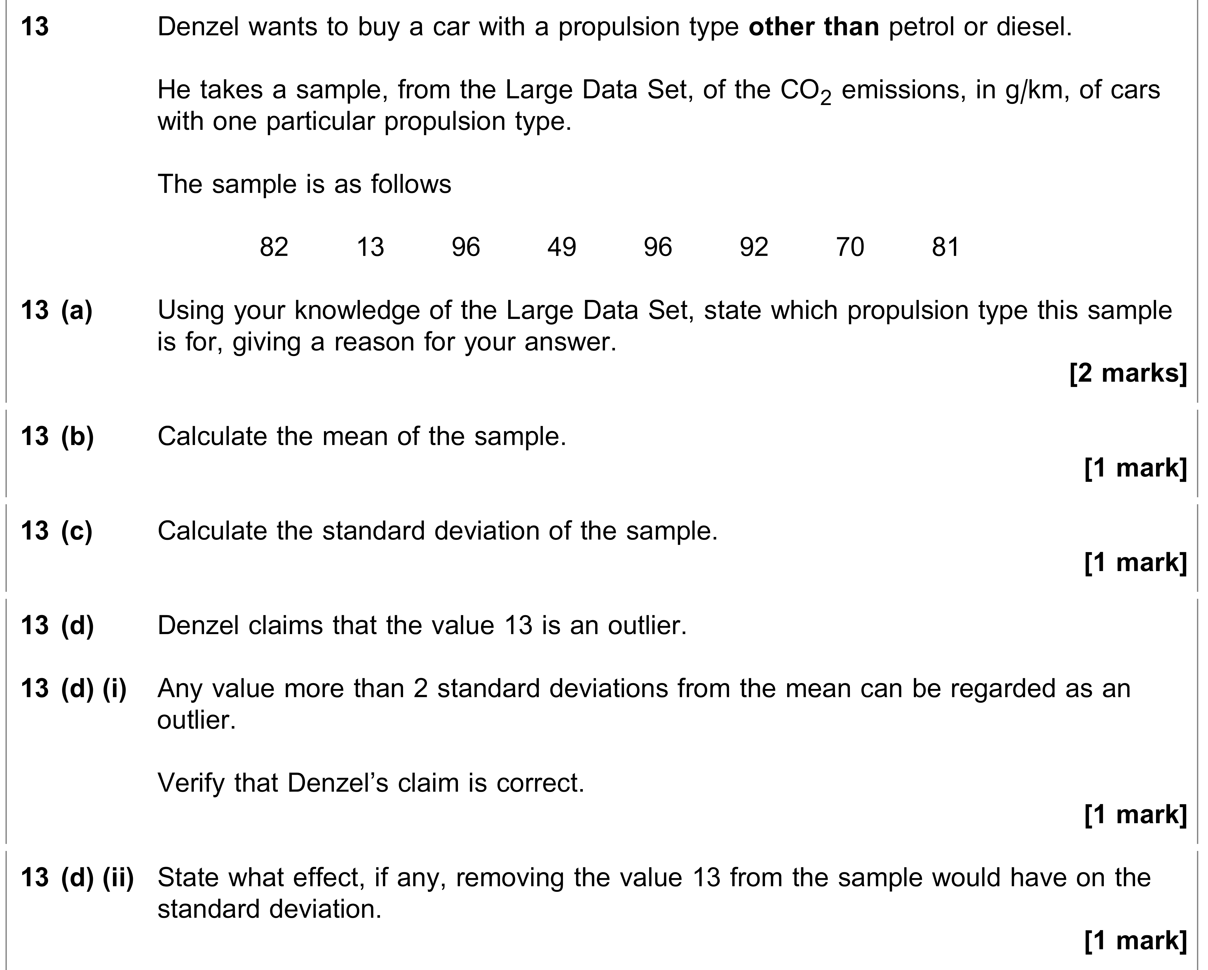 Question 13 — Large Data Set, Mean, Variance and Standard Deviation, Outliers — AQA AS Maths June 2019