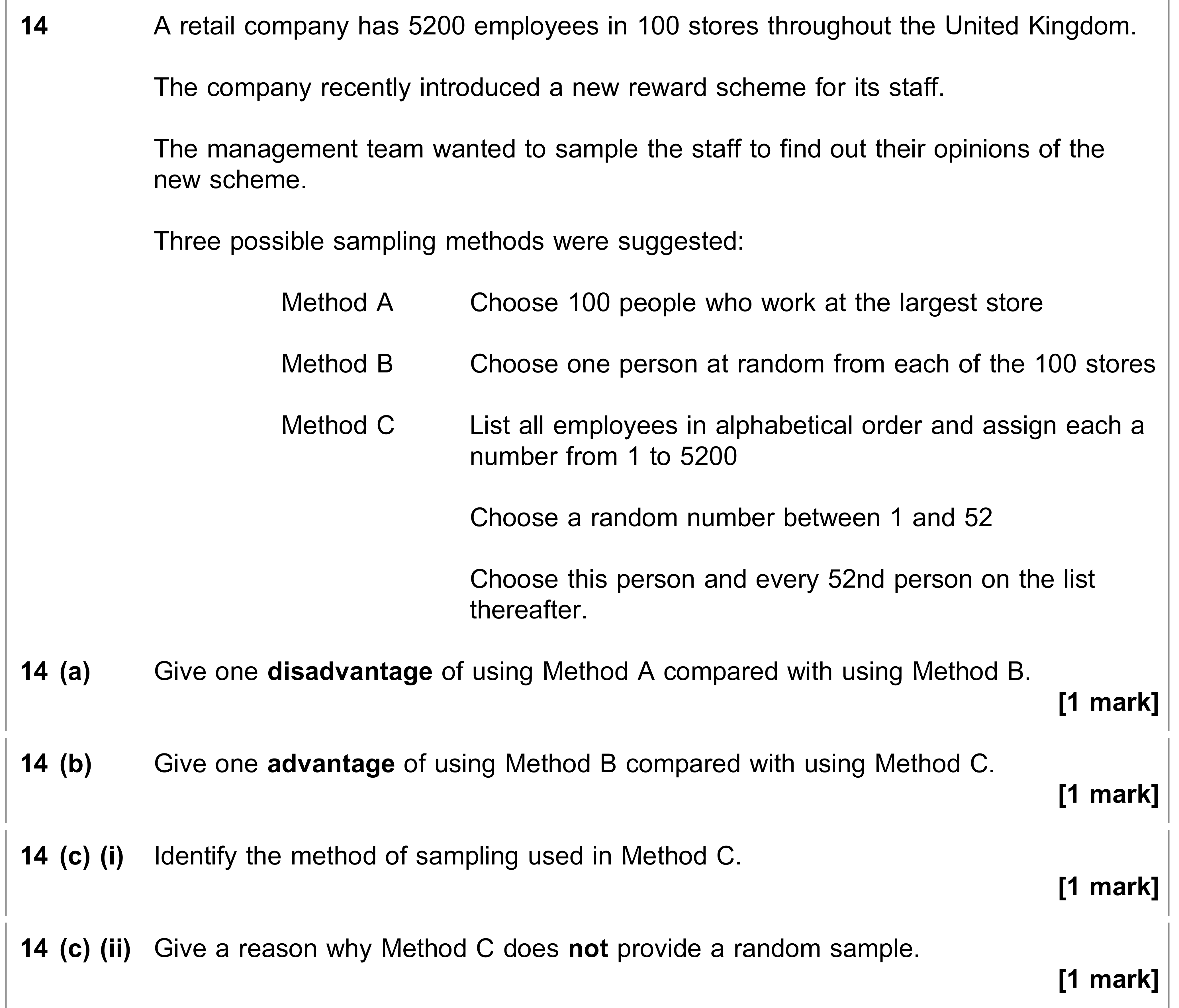 Question 14 — Sampling — AQA AS Maths June 2020