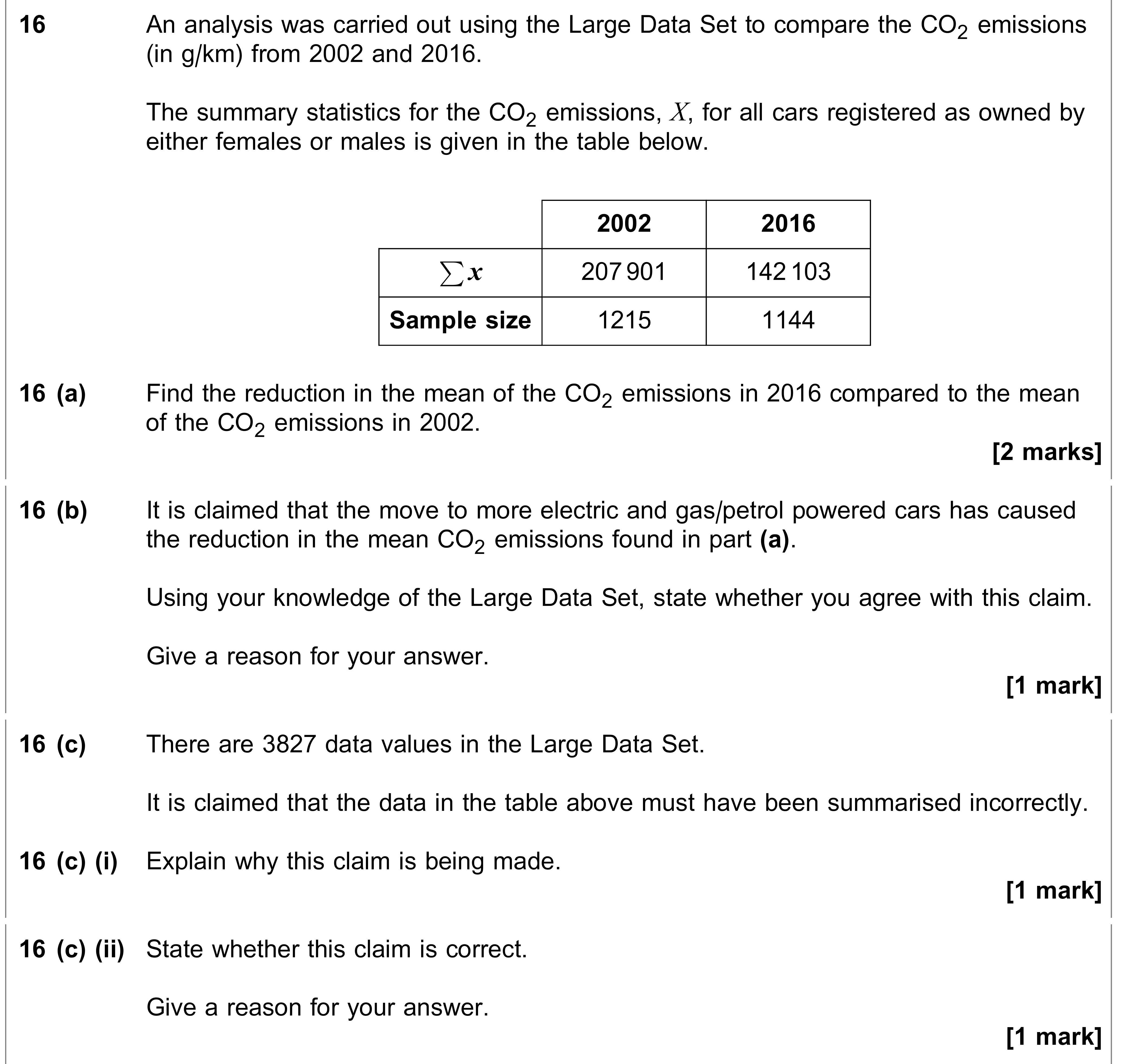 Question 16 — Large Data Set, Mean, Variance and Standard Deviation — AQA AS Maths June 2021