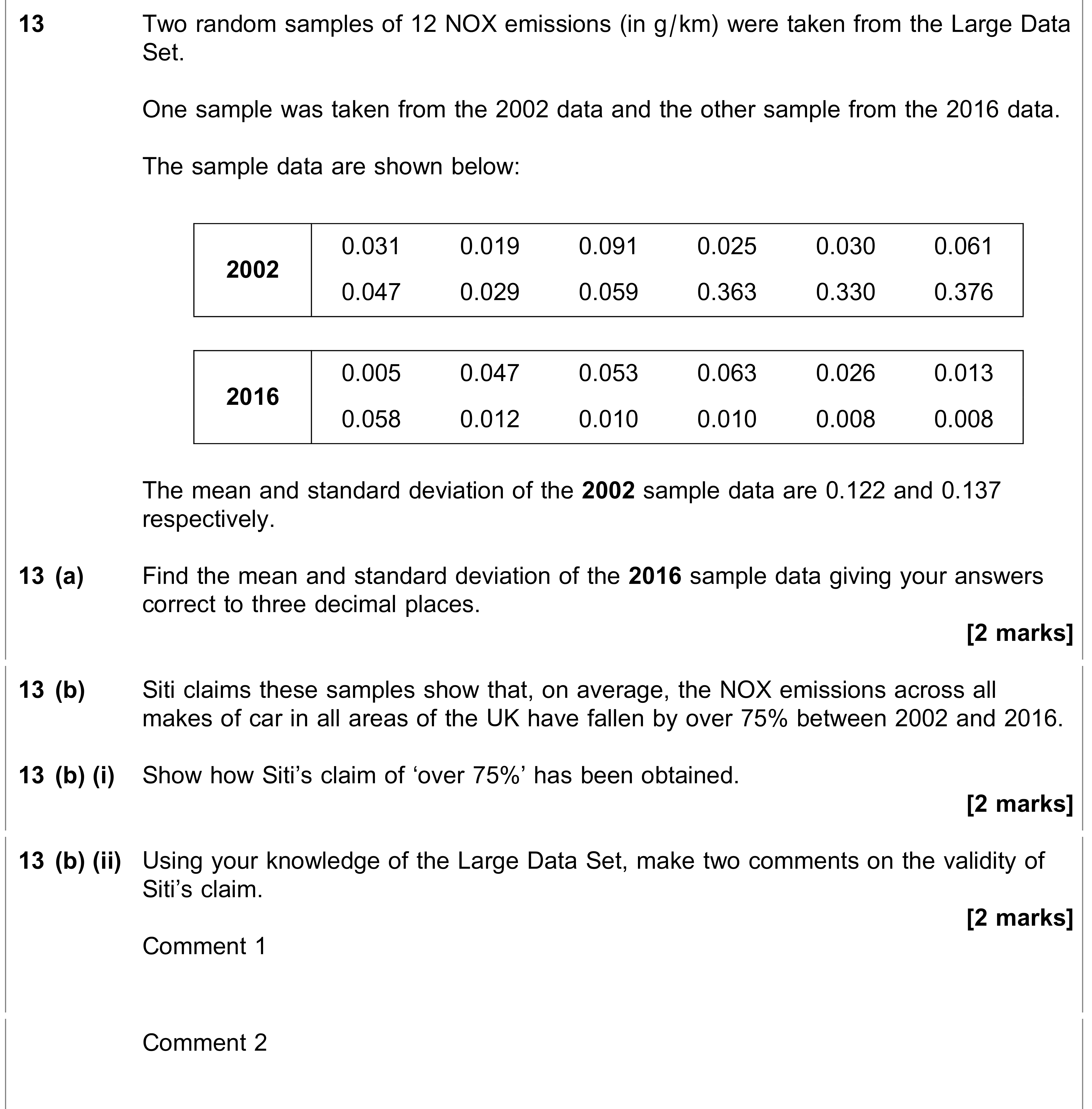 Question 13 — Mean, Variance and Standard Deviation, Large Data Set — AQA AS Maths June 2022