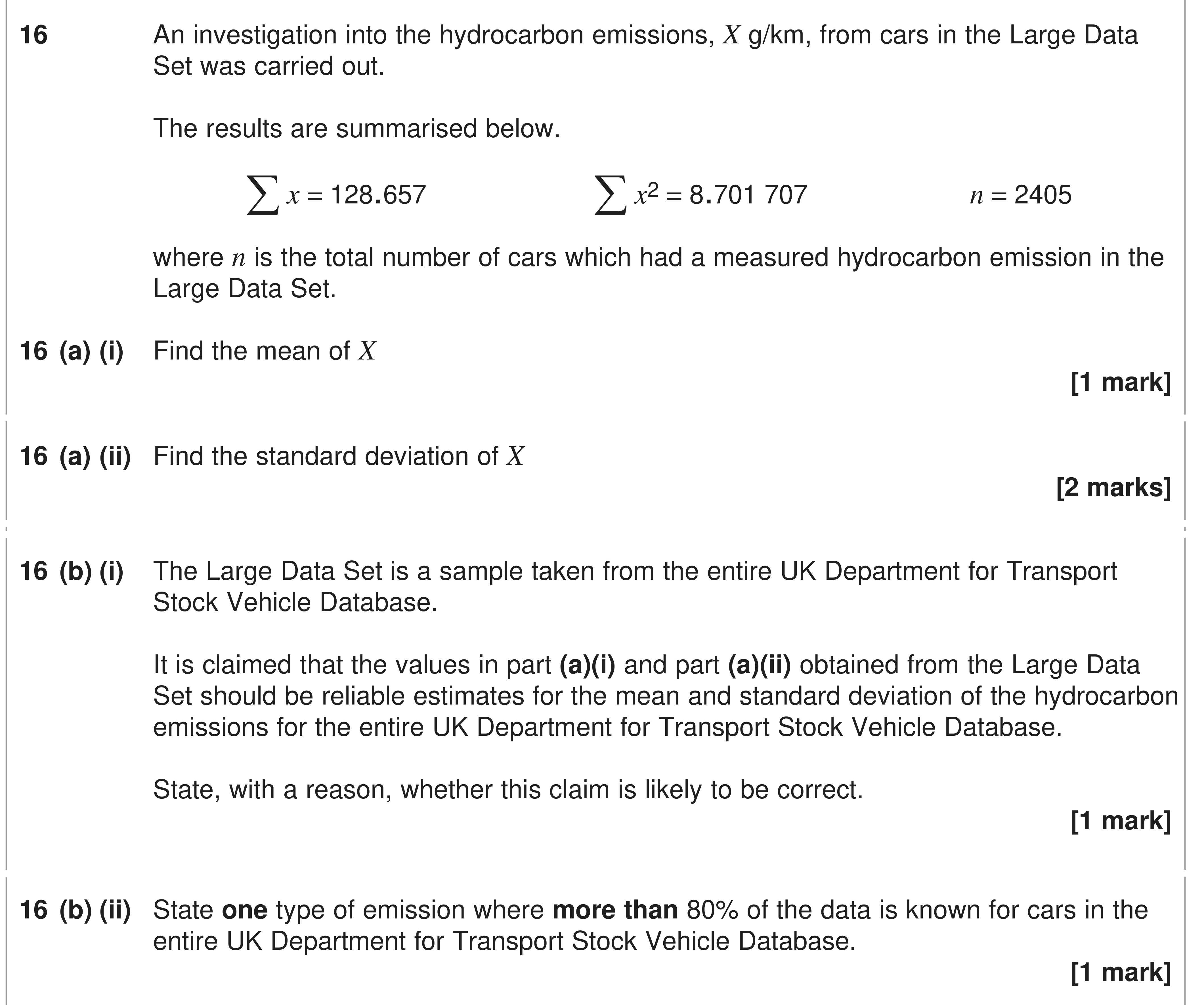 Question 16 — Mean, Variance and Standard Deviation, Large Data Set — AQA AS Maths June 2024