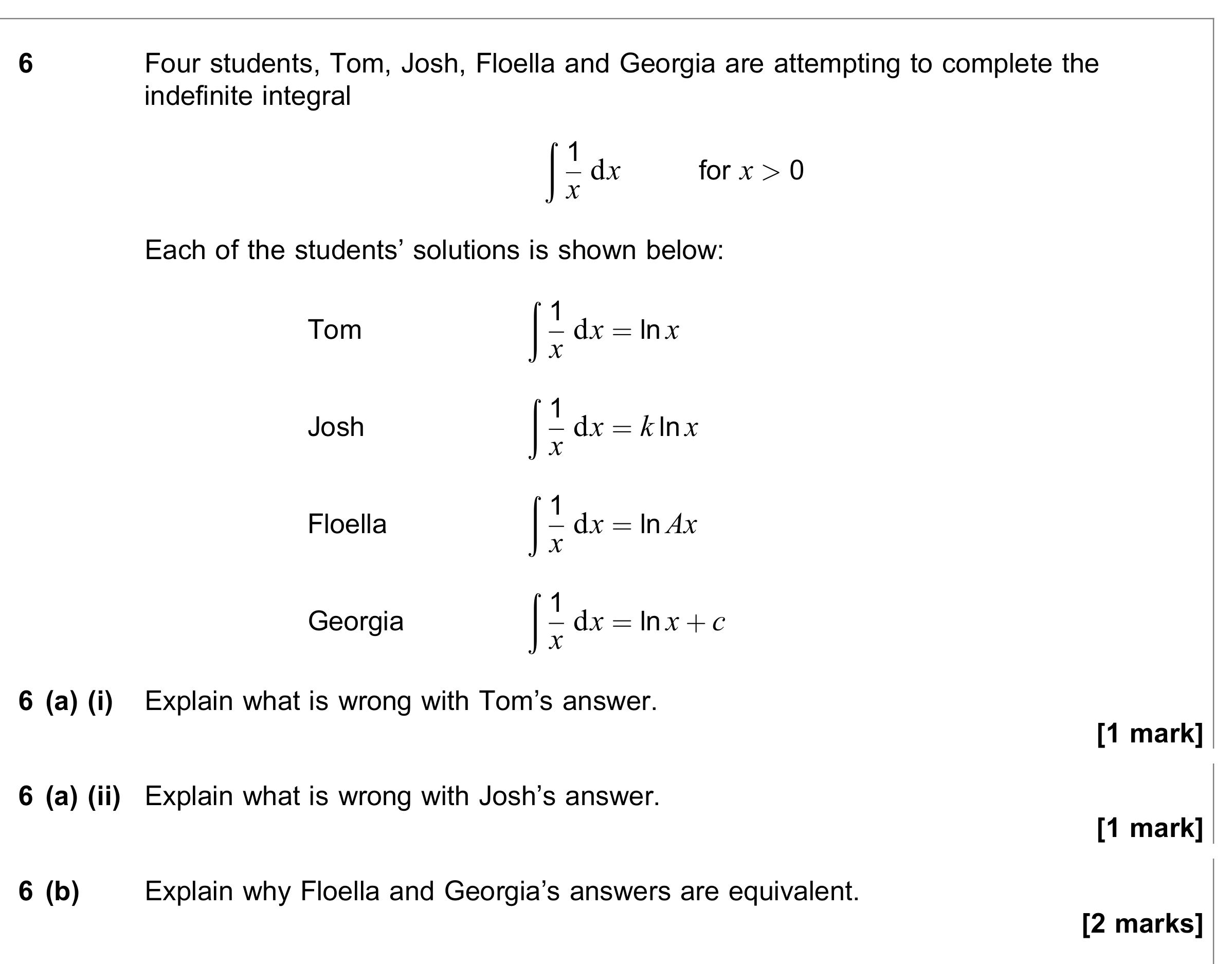Question 6 — Integration — AQA June 2020