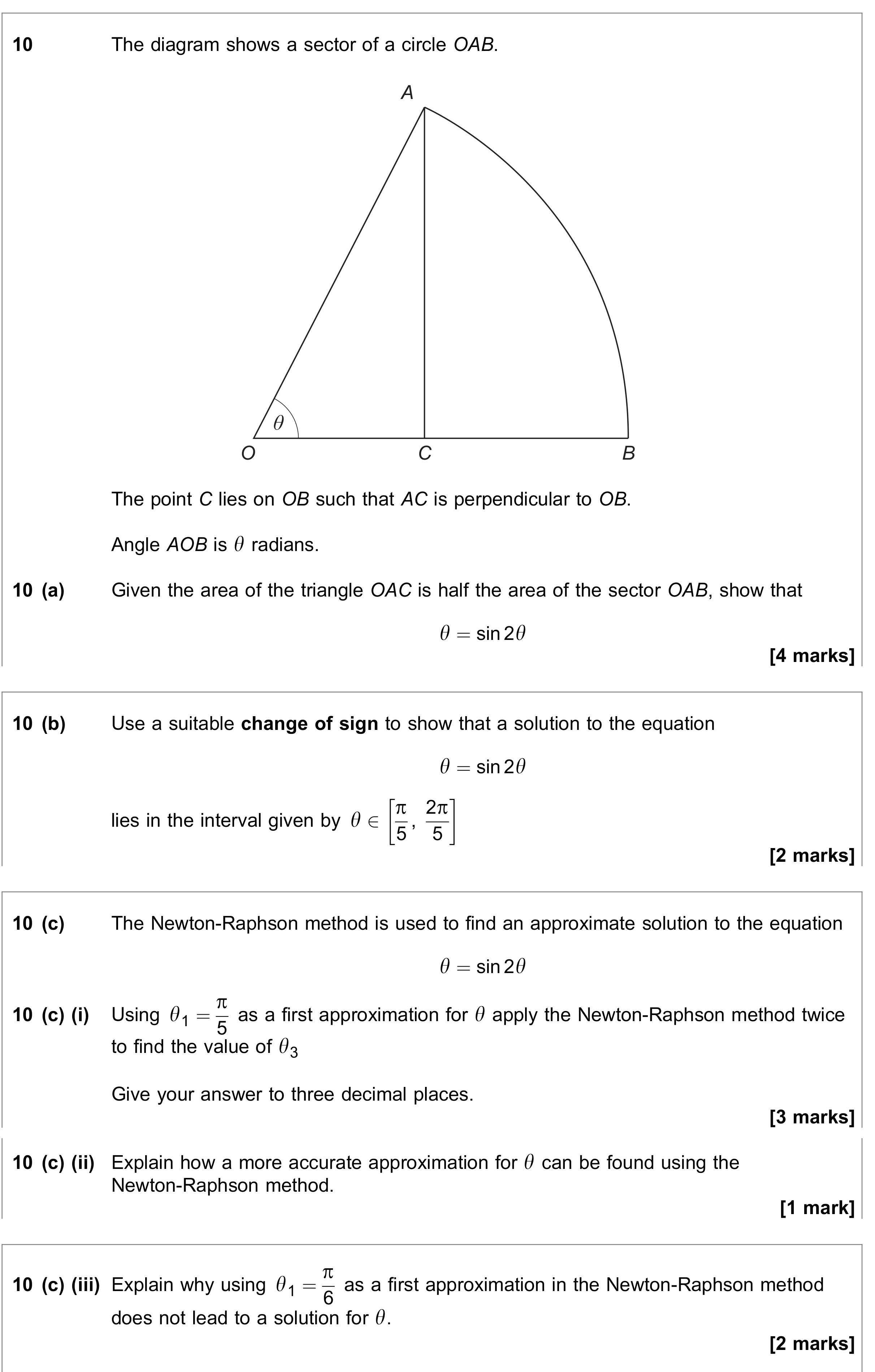 Question 10 — Arc Length, Sectors and Segments, Numerical Methods, Newton Raphson — AQA June 2022