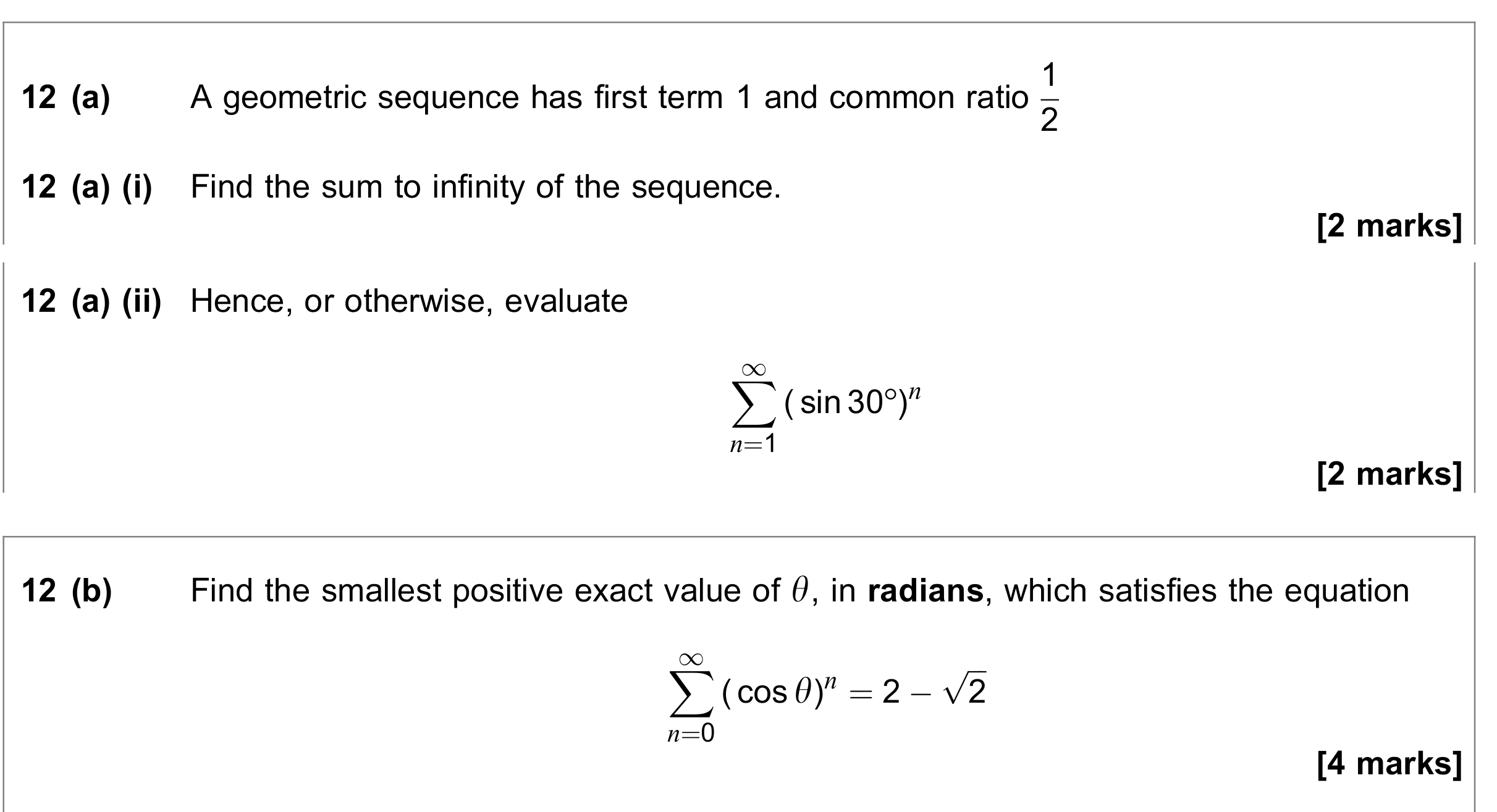 Question 12 — Geometric Sequences and Series, Sequences - Sigma Notation, Trig — AQA June 2022