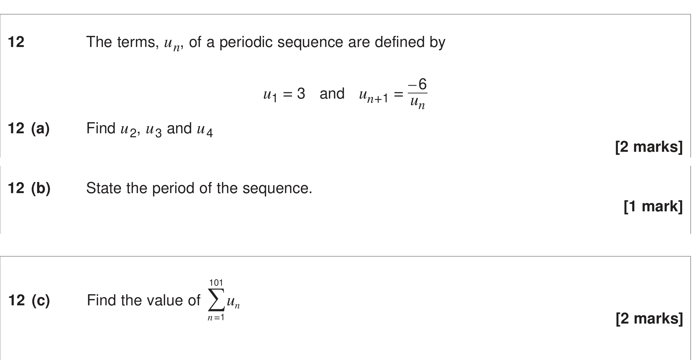 Question 12 — Recurrence Relations, Sequences - Sigma Notation — AQA June 2024